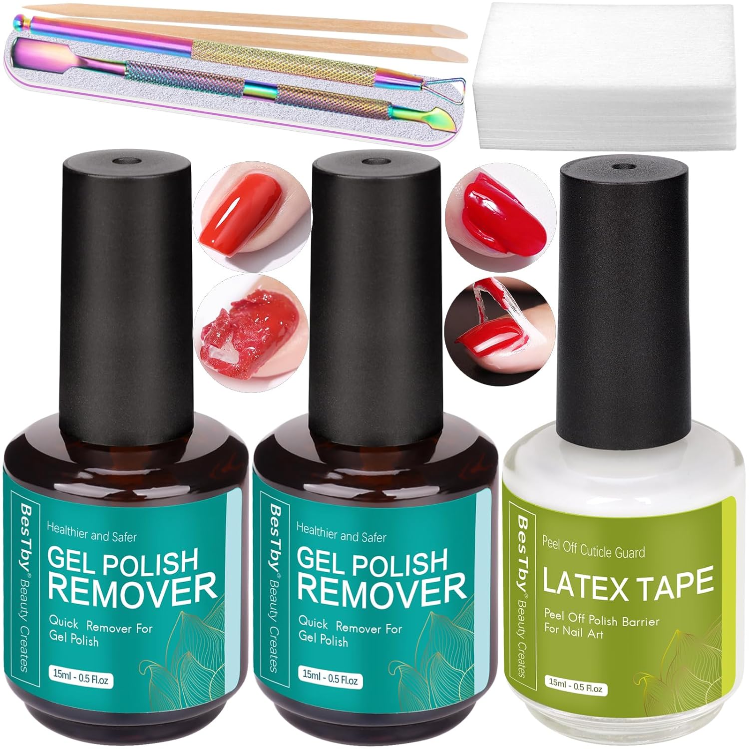 Removedor de esmalte de uñas de gel (2 paquetes de 0.5 fl oz), removedor de esmalte de gel profesional de 3 a 5 minutos con cinta de látex líquido
