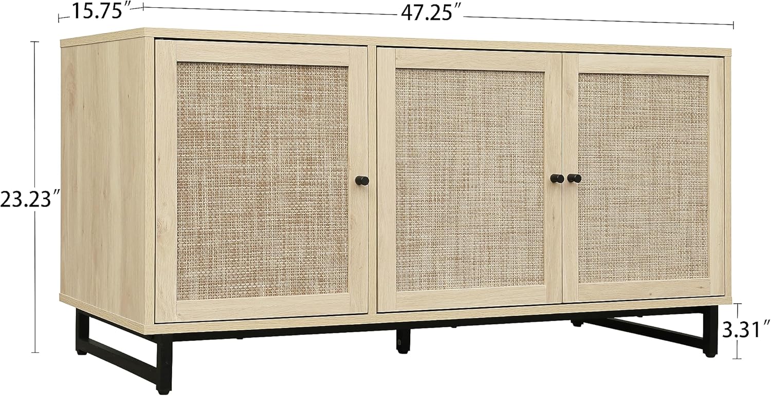 ZeHuoGe Aparador de buffet con 3 puertas decoradas de ratán, gabinete de buffet, armario de ratán con patas de metal para sala de estar, pasillo,