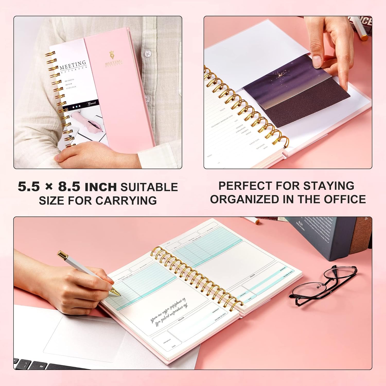 Cuaderno de reuniones para el trabajo con artículos de acción de 5.5 x 8.5 pulgadas, planificador de reuniones en espiral de tapa dura para oficina,