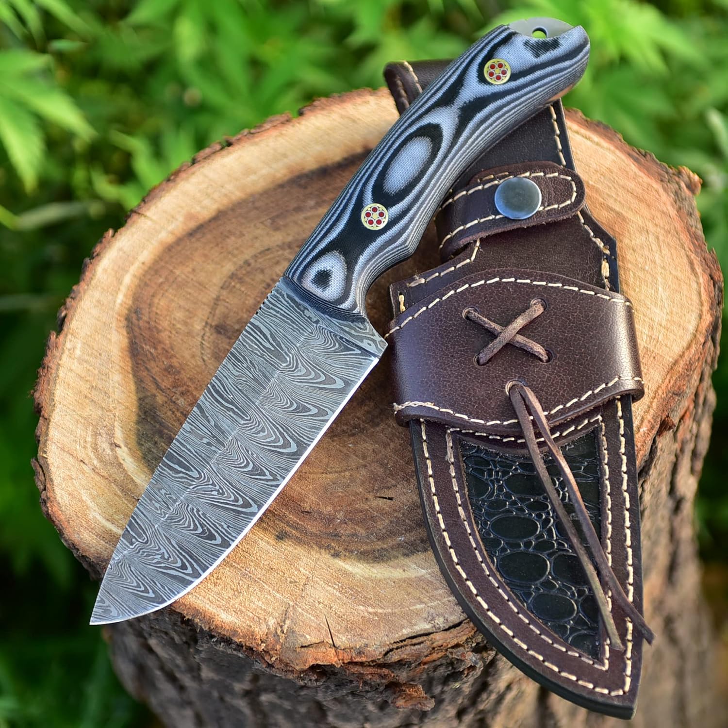 BG Knives Cuchillo de hoja fija de acero de Damasco hecho a mano de 9,5 “de longitud total para cazar, desollar con mango de micarta y funda de
