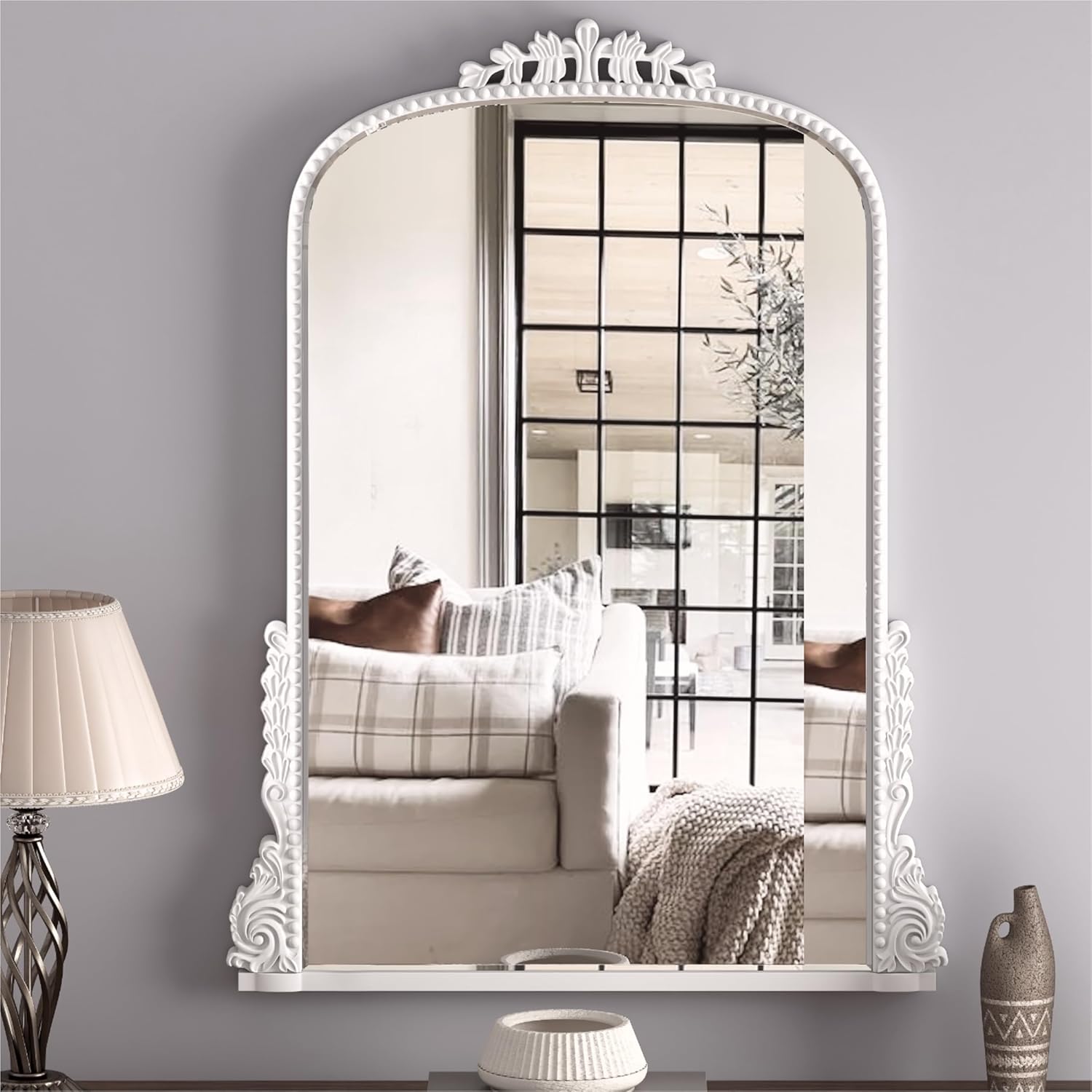 SHYFOY Espejo de pared antiguo, espejo de arco barroco blanco para decoración de pared, espejo decorativo de 31.5 x 23.6 pulgadas, elegancia