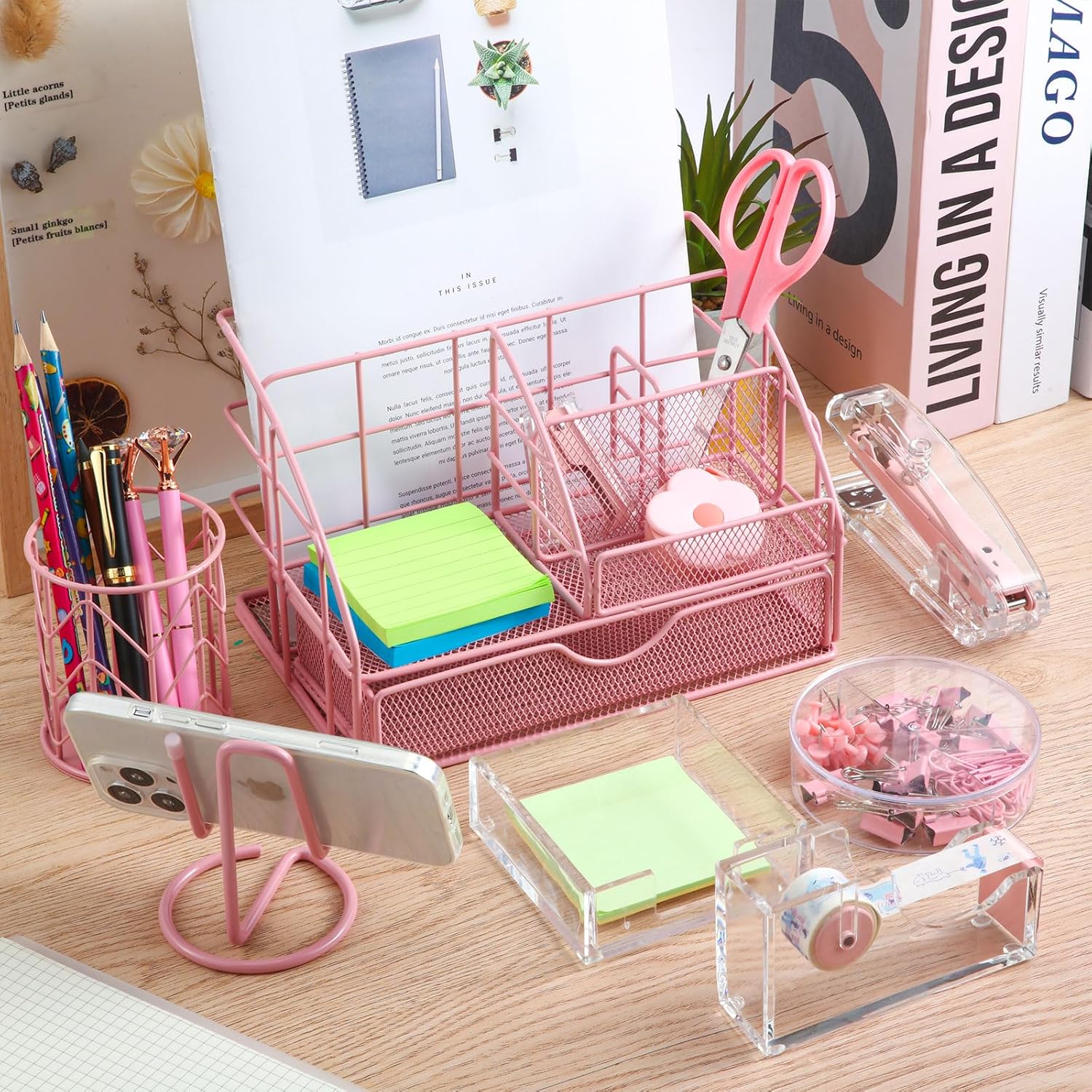 El kit de 14 accesorios de escritorio incluye grapadora, removedor de grapas, soporte para bolígrafos, caja de notas, organizador de malla metálica,