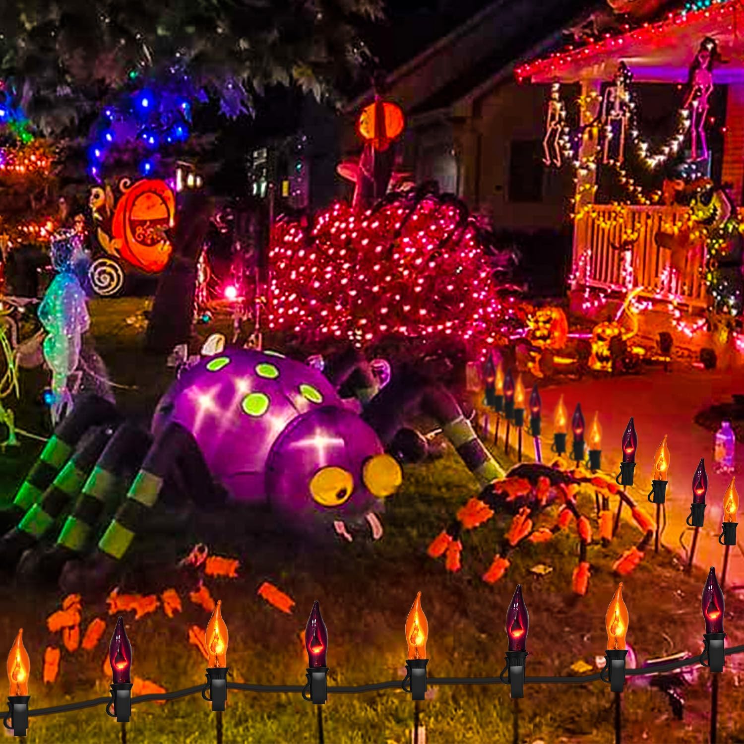 PASUTO Luces de Halloween naranjas y moradas, tira de luces de llama parpadeante, 12.8 pies, para interiores y exteriores, luces de Halloween C7,
