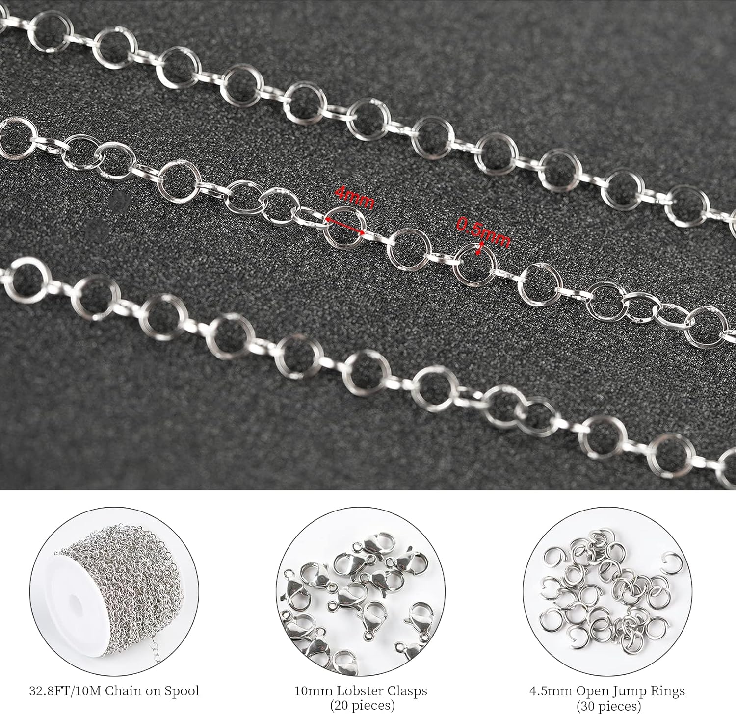 KYUNHOO Cadena de acero inoxidable 304 de plata de 33 pies para fabricación de joyas, rollo de cadena de eslabones circulares redondos de 0.157 in,
