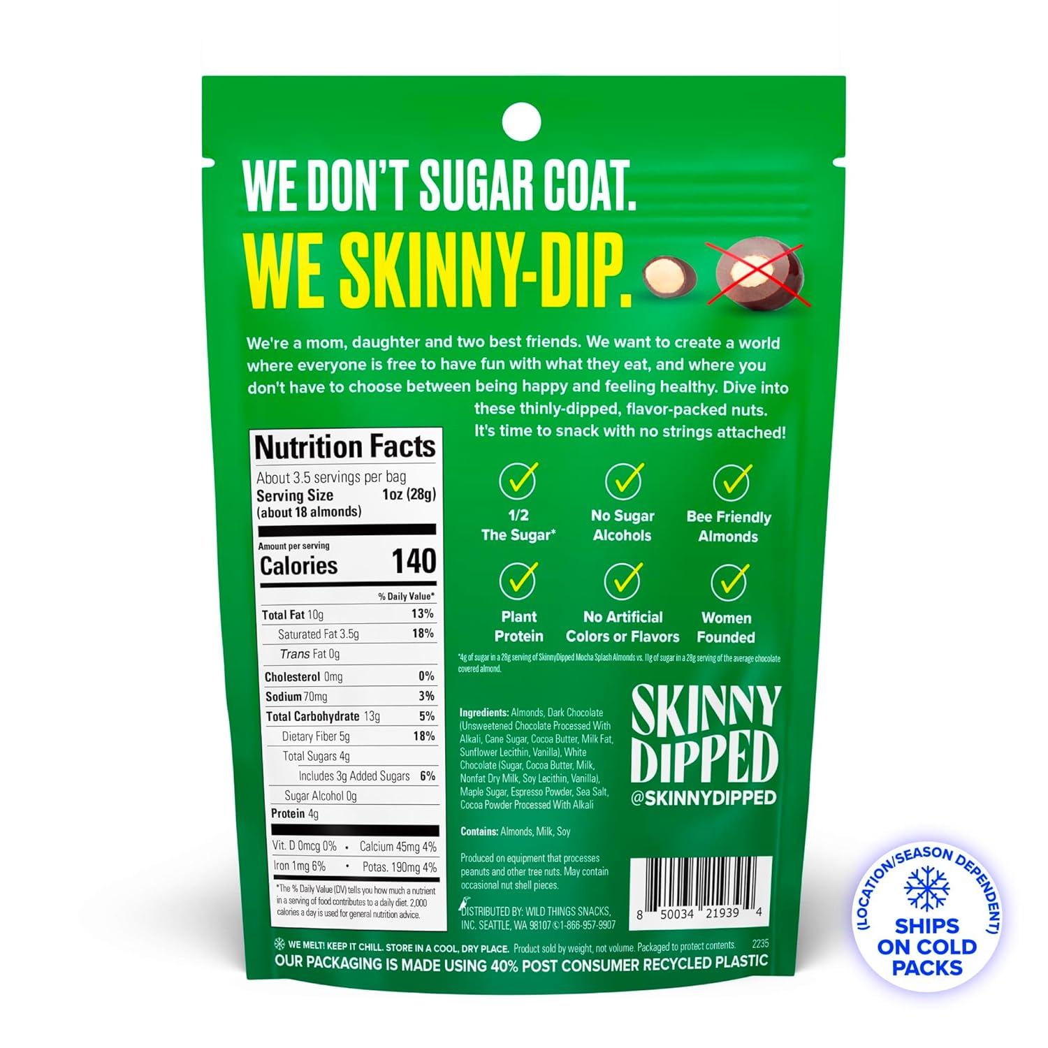 SkinnyDipped Almendras Mocha Splash, aperitivo saludable, proteína vegetal, sin gluten, bolsas resellables de 3.5 onzas, paquete de 5