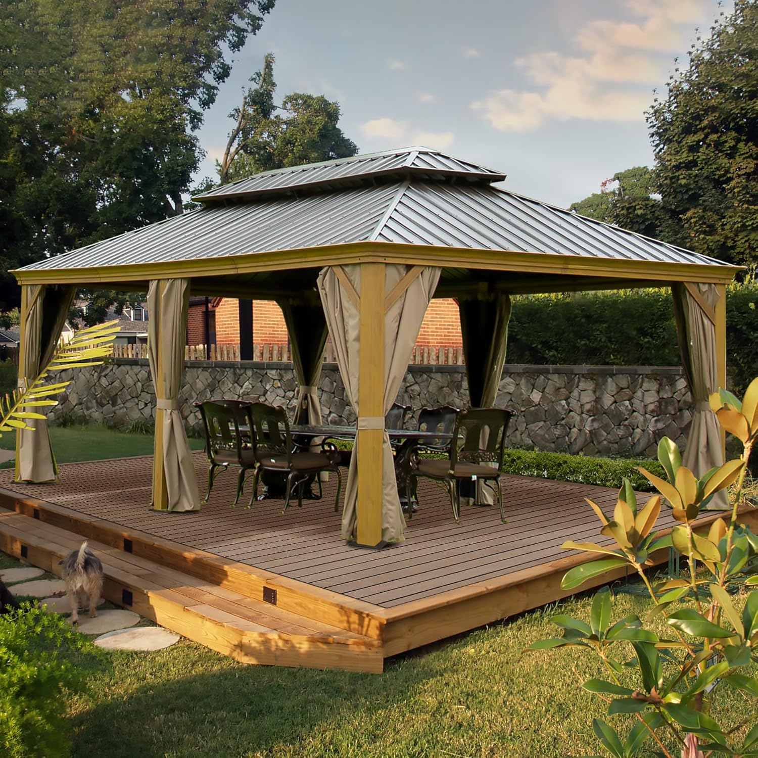 Domi Outdoor Living Cenador de techo rígido de 14 x 20 pies, toldo con marco de aluminio recubierto de madera con doble techo de acero galvanizado,