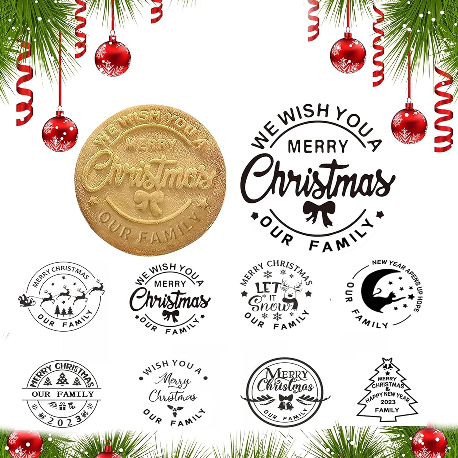 8 moldes para galletas de Navidad 2023 con tu nombre, cortadores de galletas de Navidad, diseño elevado en 3D, sello para hornear Feliz Navidad.