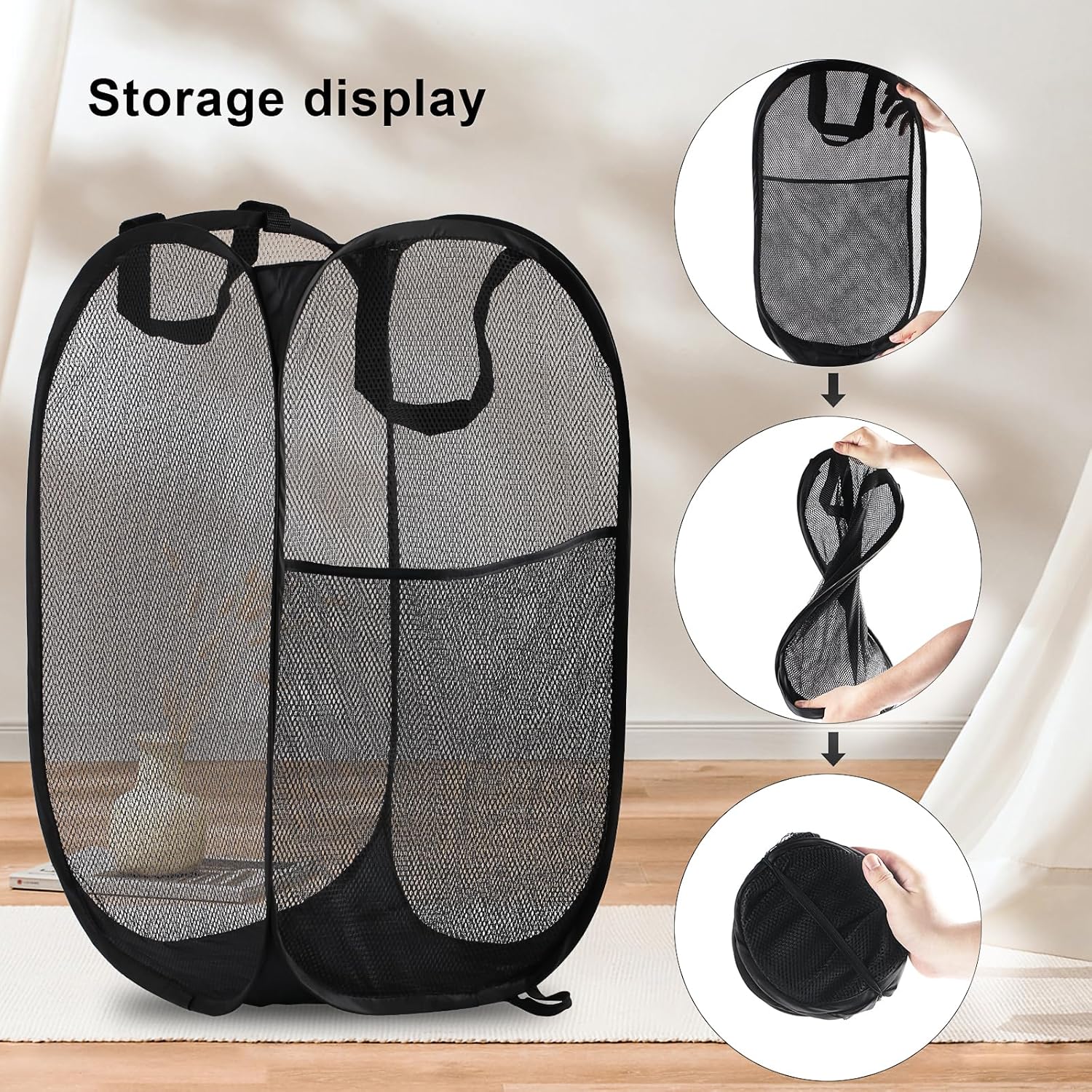 Cesta de lavandería plegable de malla, plegable, ligera, resistente al desgarro, transpirable, poliéster duradero + alambre de acero