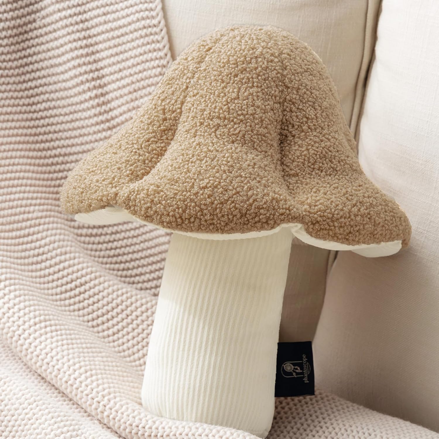Phantoscope Almohada en forma de hongo, almohada decorativa de vellón suave de hongo, bonito cojín en forma de 3D para sofá, cama, silla, beige, 16