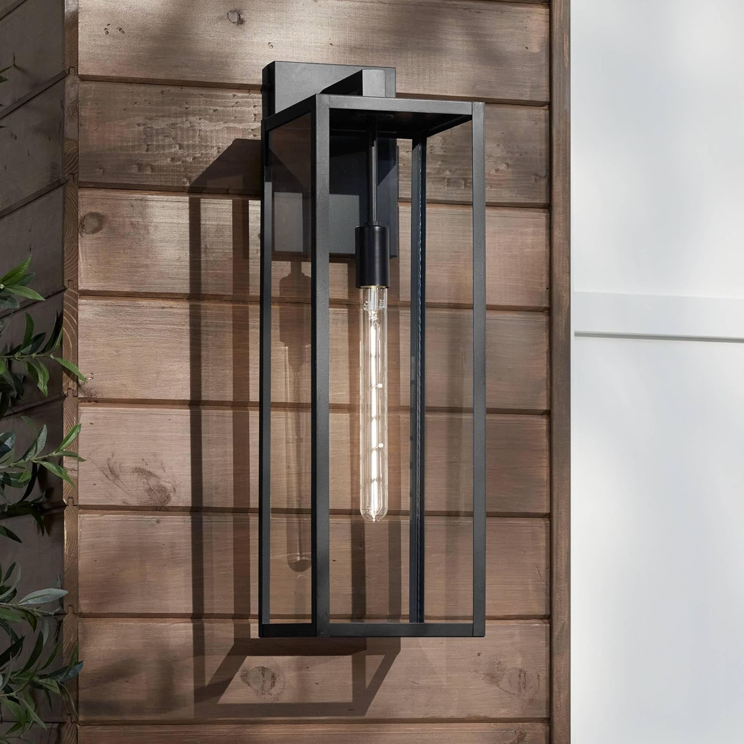 John Timberland Titan – Lámpara de pared industrial moderna para exteriores, color negro místico, paneles de vidrio transparente de 27 pulgadas para