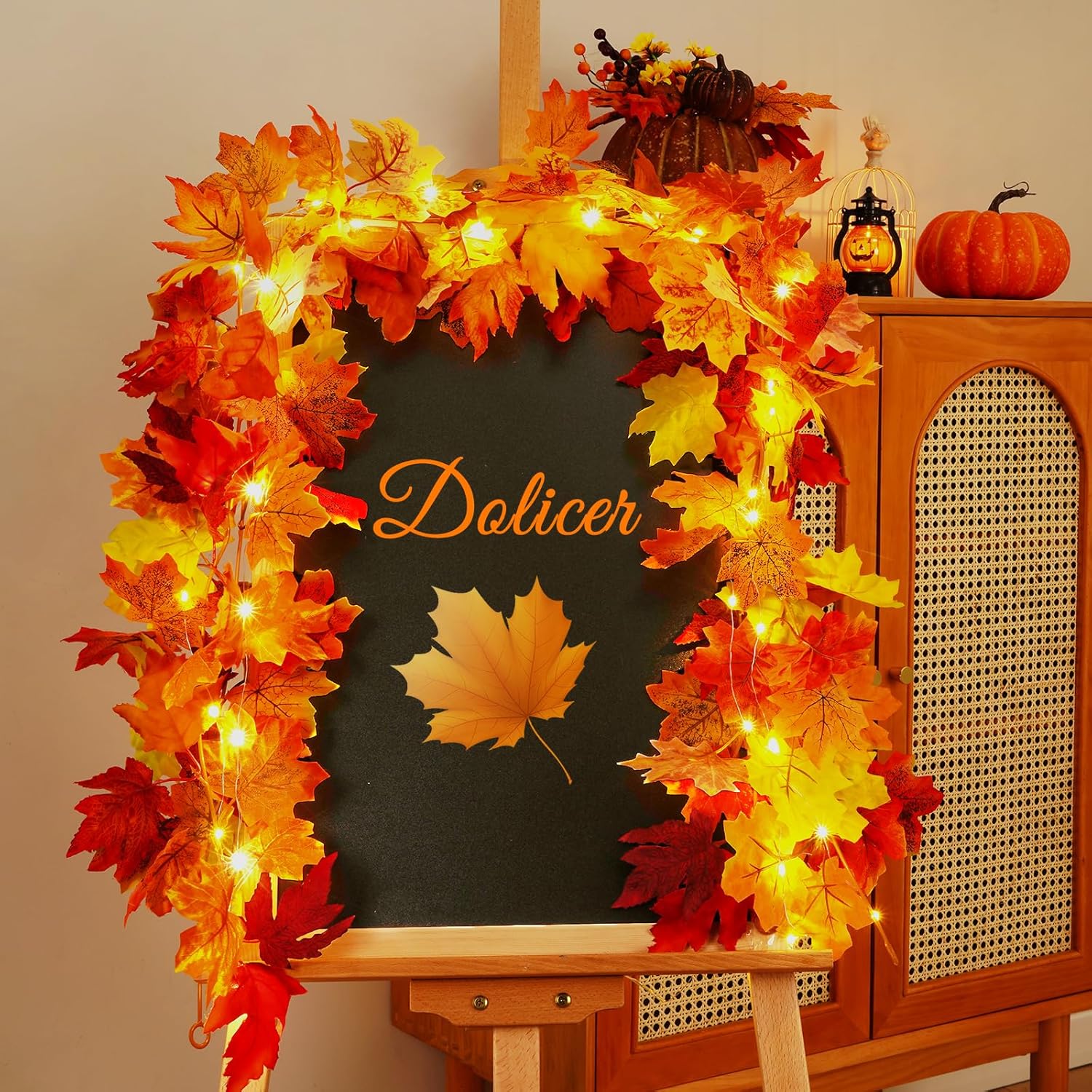 Dolicer Guirnalda de otoño con luces, 2 guirnaldas de hojas de otoño de 11.9 pies, guirnalda de otoño para manto, guirnalda de hojas de arce para el