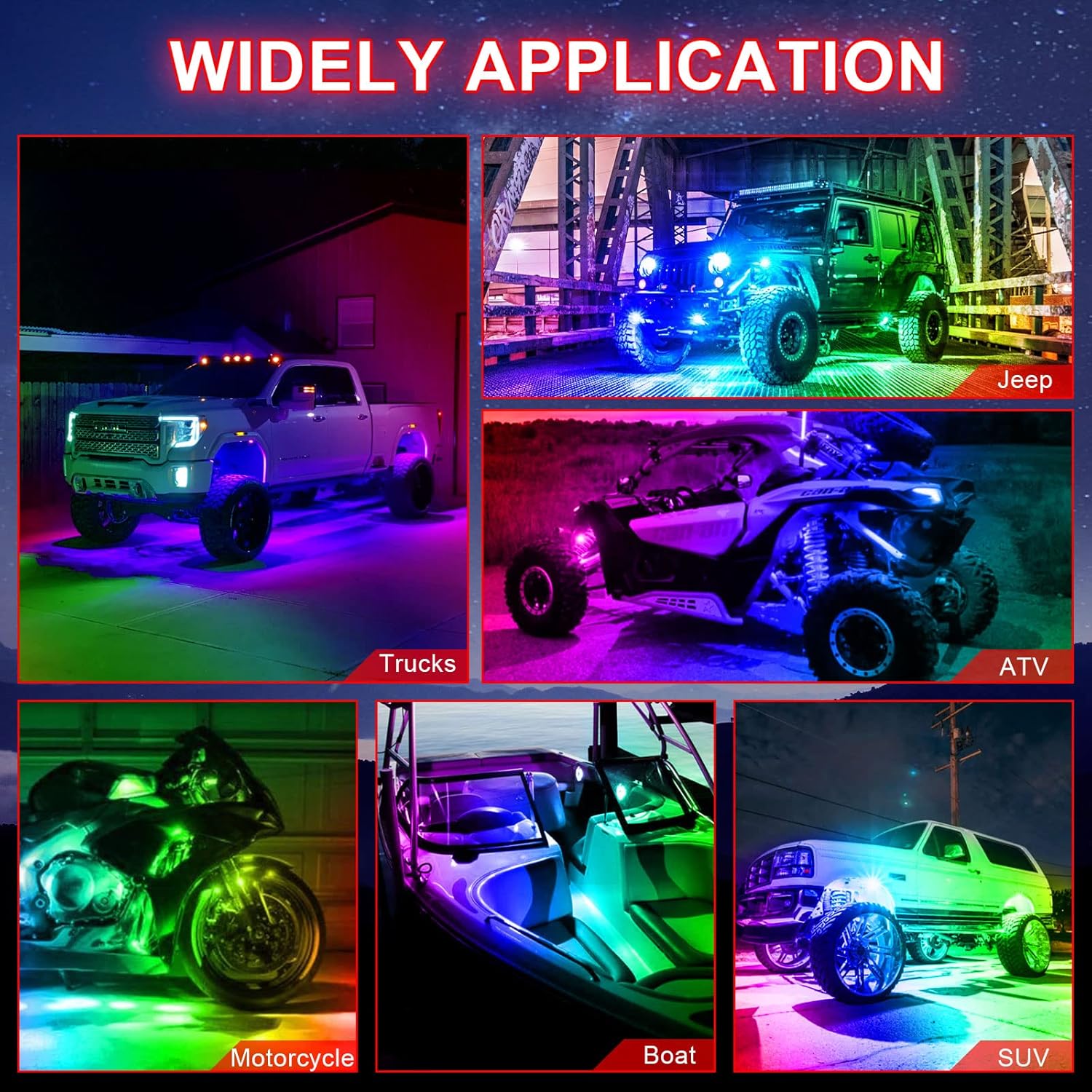RGB LED Rock Lights Kit, Upgraded 210 Degrees Wide Angle Multicolor Chasing Underglow Neon Lighting Kit, Music Sync, 8Pcs 024007 0