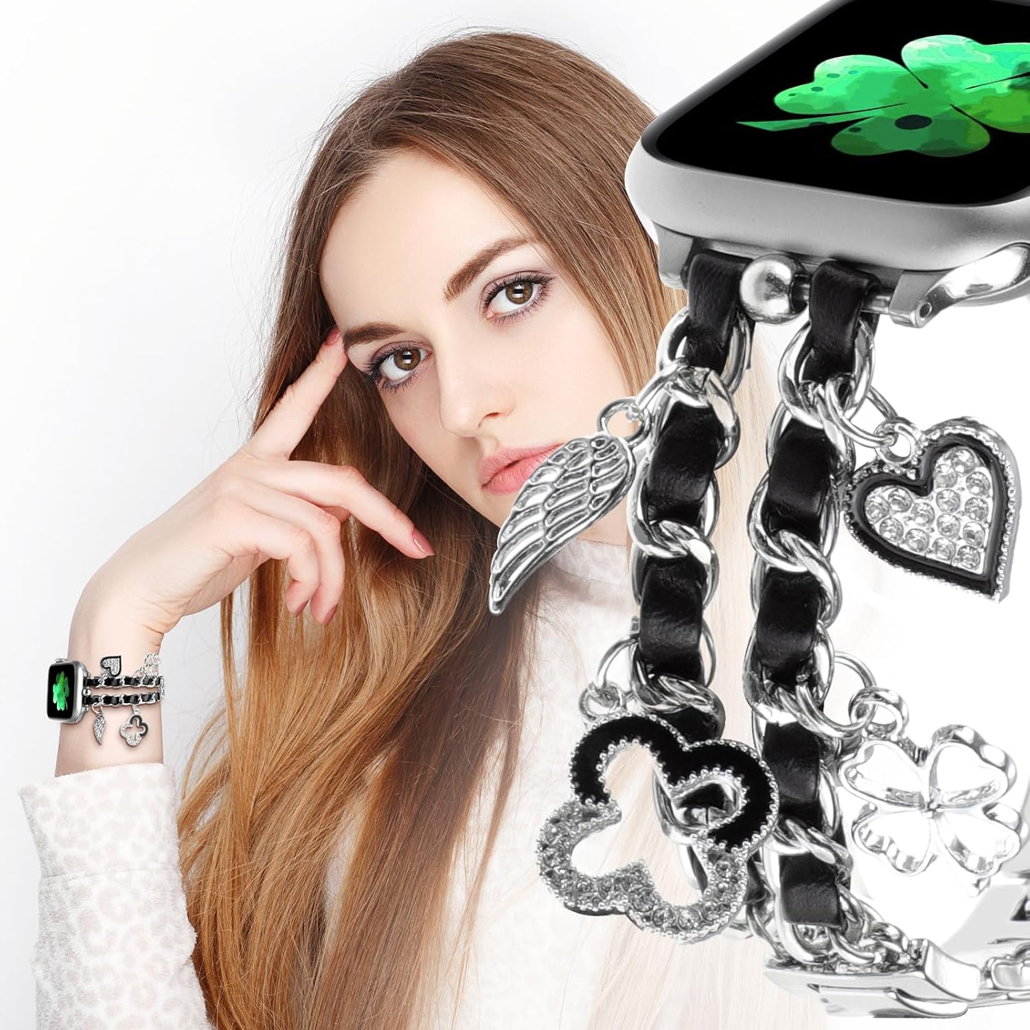 WONMILLE Correa compatible con Apple Watch de 1.732 in 1.772 in 1.929 in 1.654 in 1.496 in 1.575 in 1.614 in mujer elegante diseño de cadena con