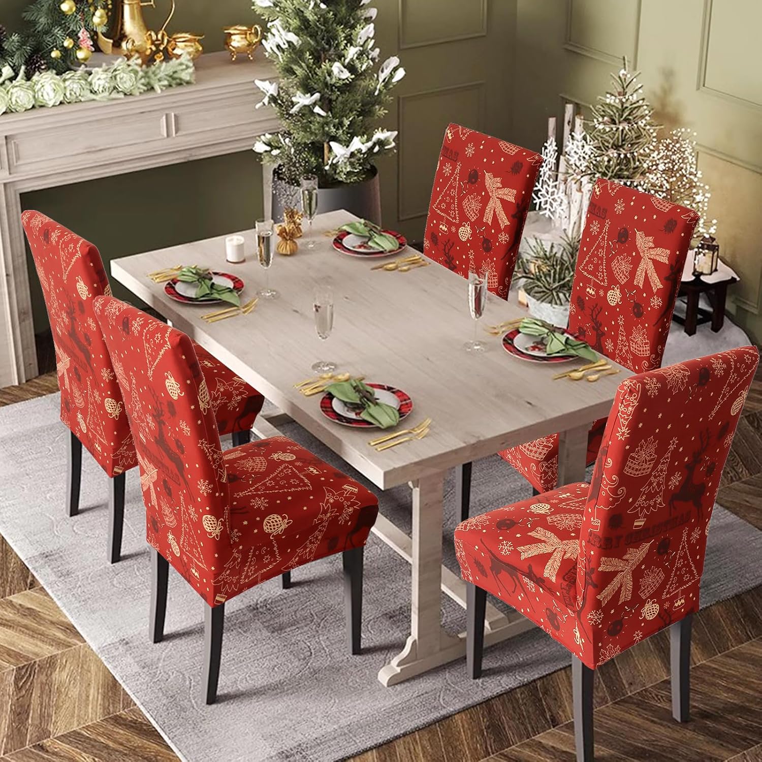 Betylifoy Juego de 4 fundas elásticas extraíbles para sillas de comedor, diseño de árbol de Navidad, alce, fundas para sillas de Navidad, para