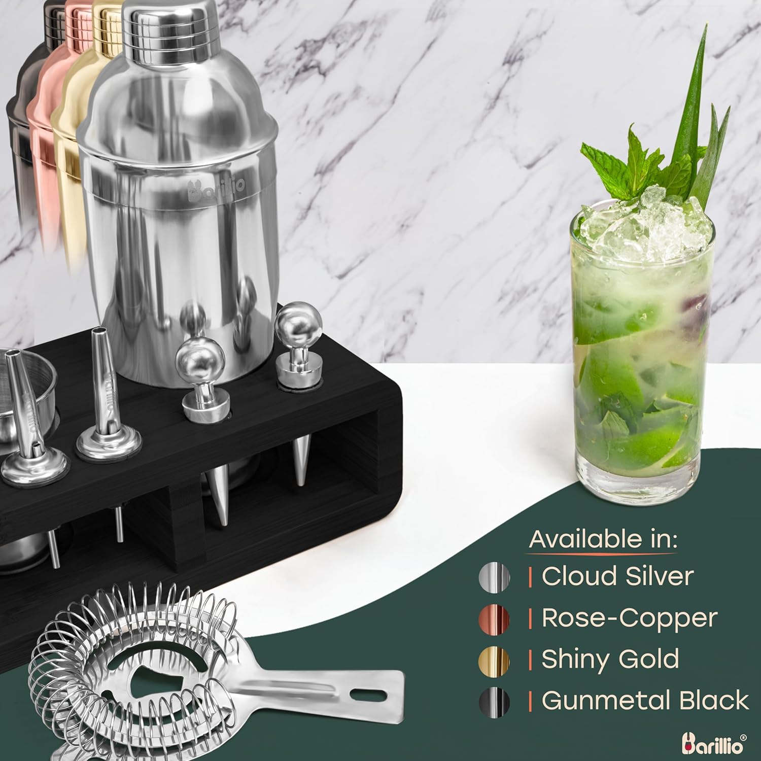 Mixology Bartender Kit coctelera por Barillio juego de mezclador de bebidas con herramientas de barra, mezclador, cuchara mezcladora, jigger,