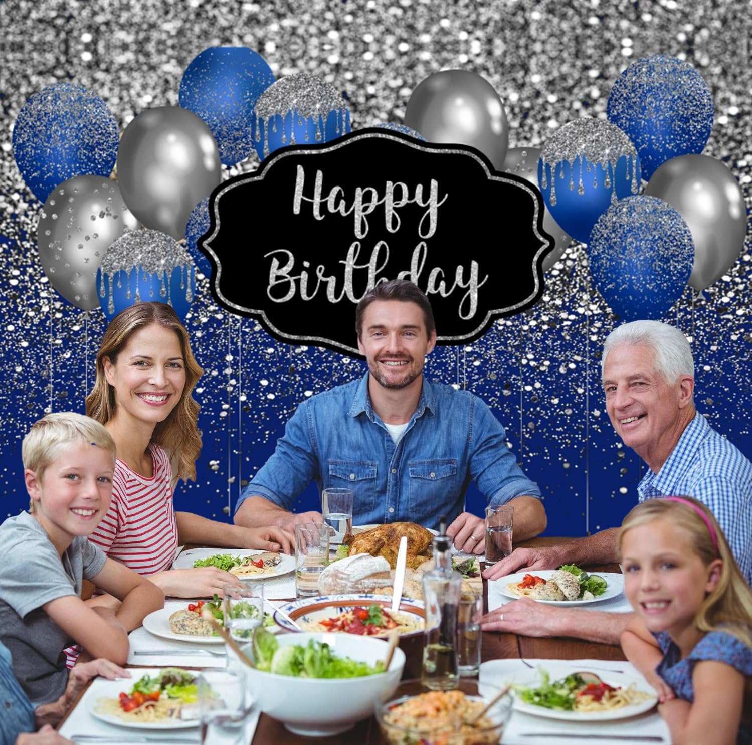 Telón de fondo de feliz cumpleaños azul marino y plateado, globos azules y plateados con purpurina, diamantes, puntos, fiesta de cumpleaños, fondo