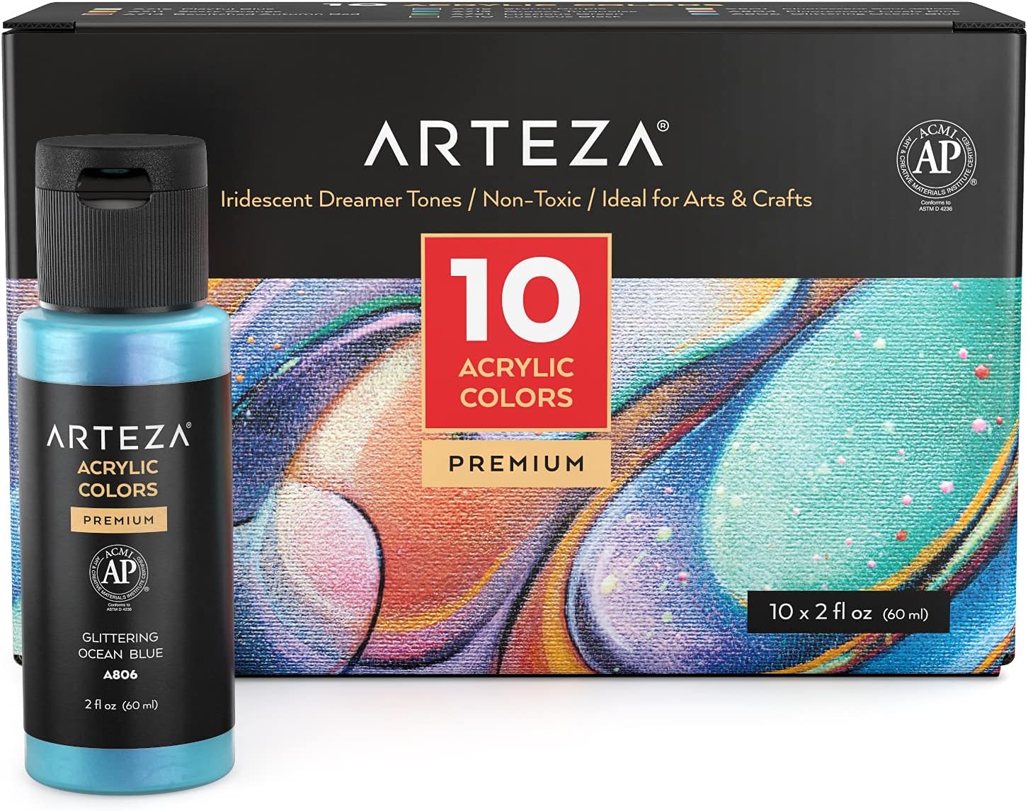 ARTEZA Juego de pintura acrílica metálica iridiscente de 10 colores soñadores, botellas de 2 onzas, pintura a base de agua de alta viscosidad,