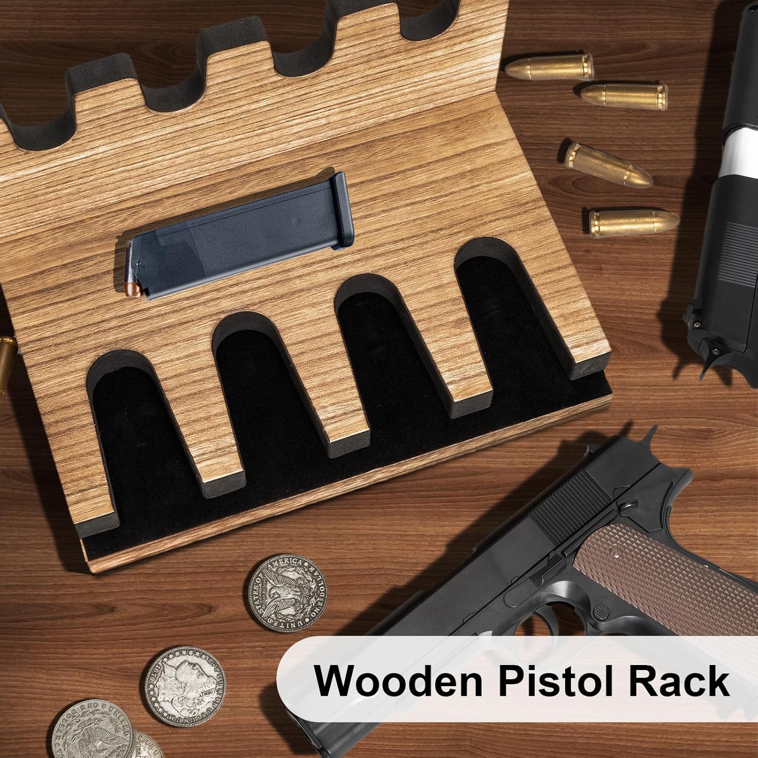 Miratino Estante para pistolas, soporte de madera maciza para pistola para almacenamiento seguro de armas, gabinete de armas