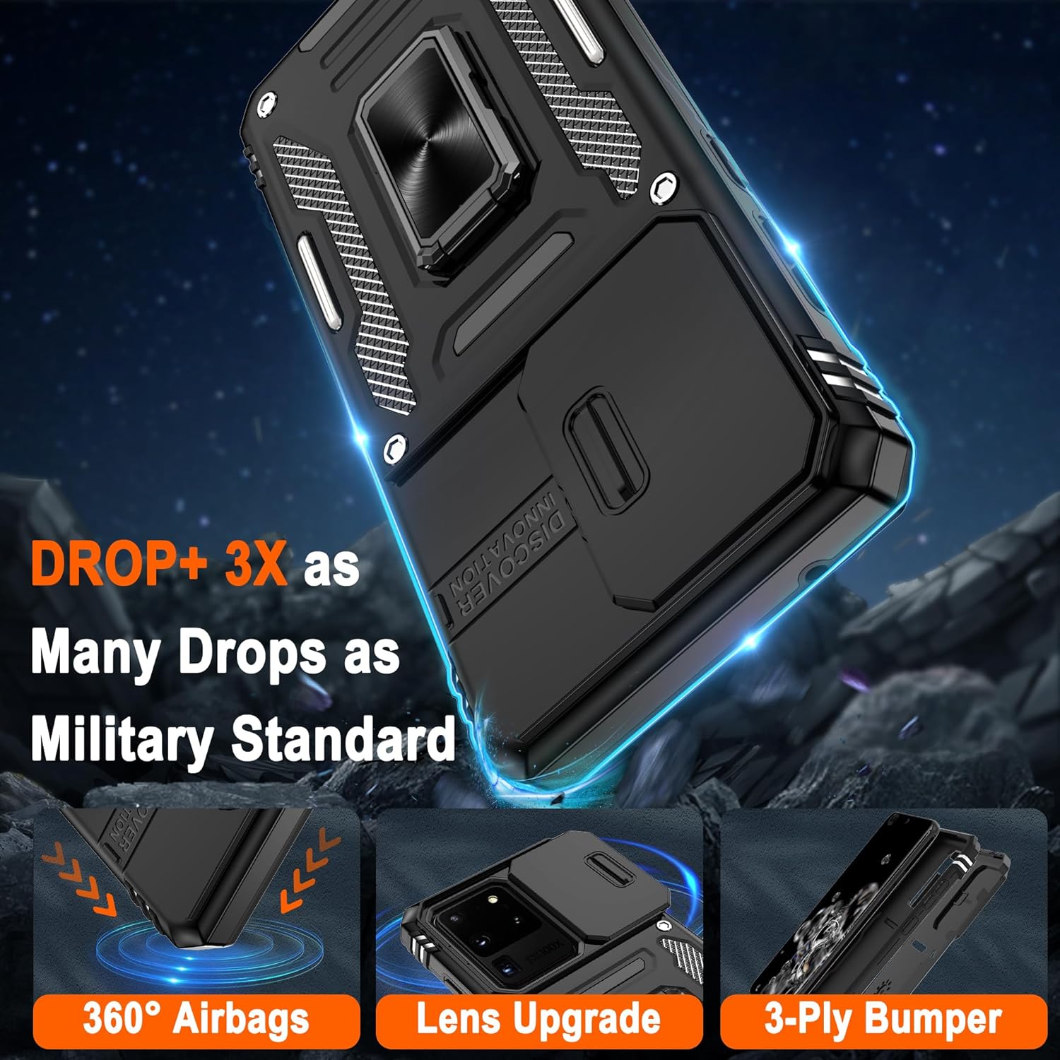 ATUMP Funda para Samsung Galaxy S20 Ultra con protector de pantalla HD con cubierta para cámara deslizante, soporte de anillo de rotación de 360