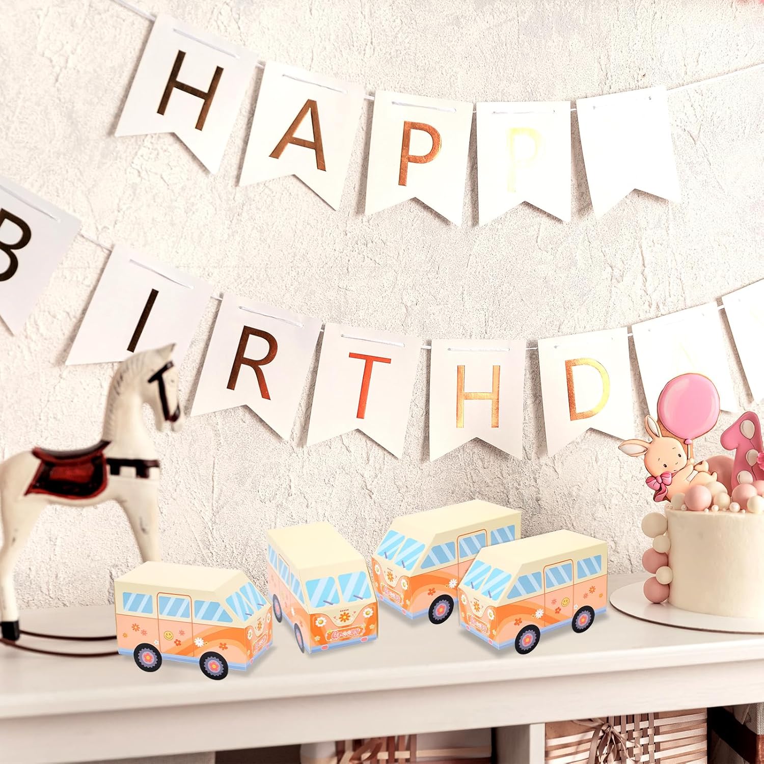 Whaline Paquete de 16 cajas de regalo de fiesta de estilo hippie, bús, cajas de papel de caramelos, decoraciones de fiesta de cumpleaños para fiesta
