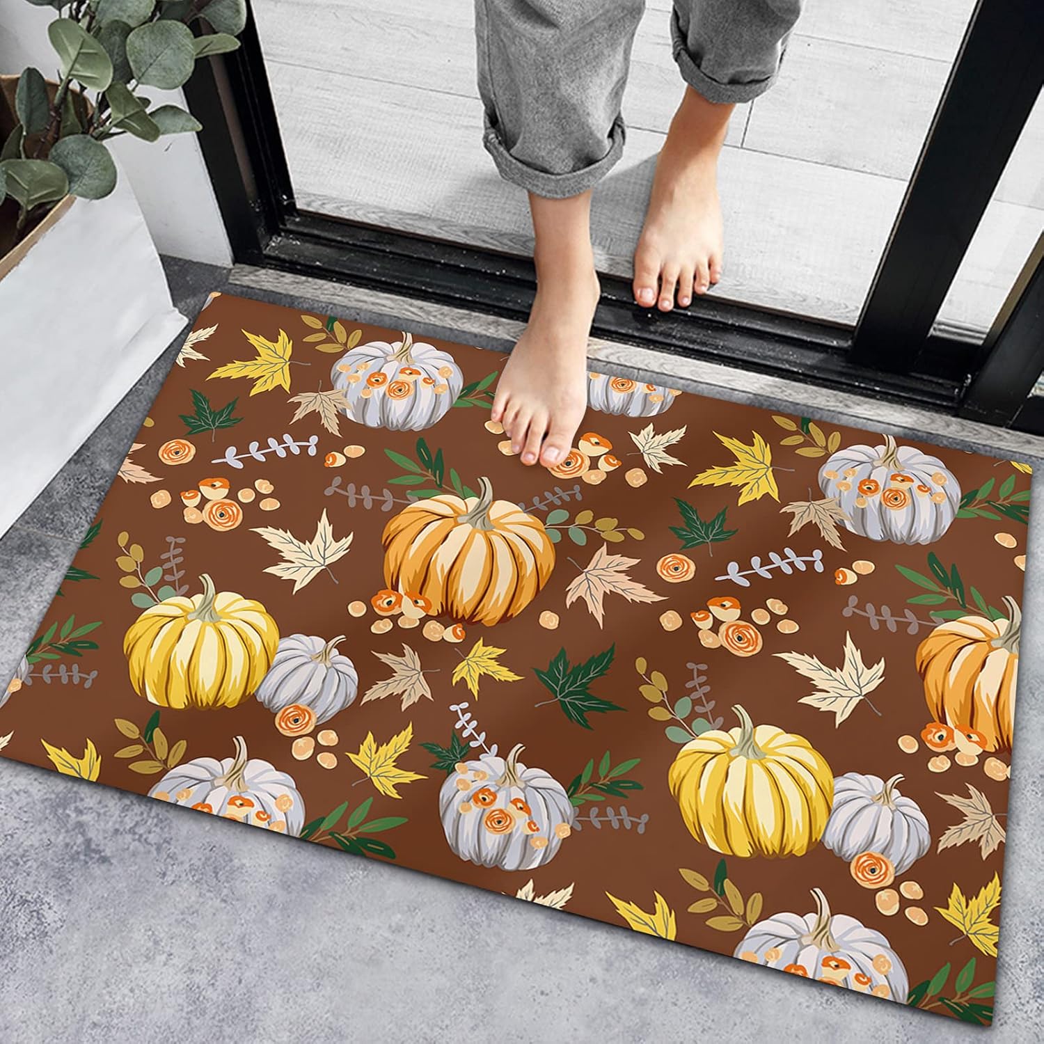 Bath Rugs Entrance Non Slip Front Door Mat Pumpkin Maple Leaf Seamless Fall Harvest Kitchen Carpets Thanksgiving Floor Mats for Bathroom Bedroom
