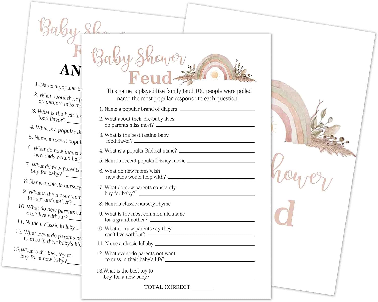 Baby Shower Feud Baby Shower Game, suministros para fiesta de revelación de género, decoraciones de fiesta floral arco iris, 30 tarjetas de juego, 1