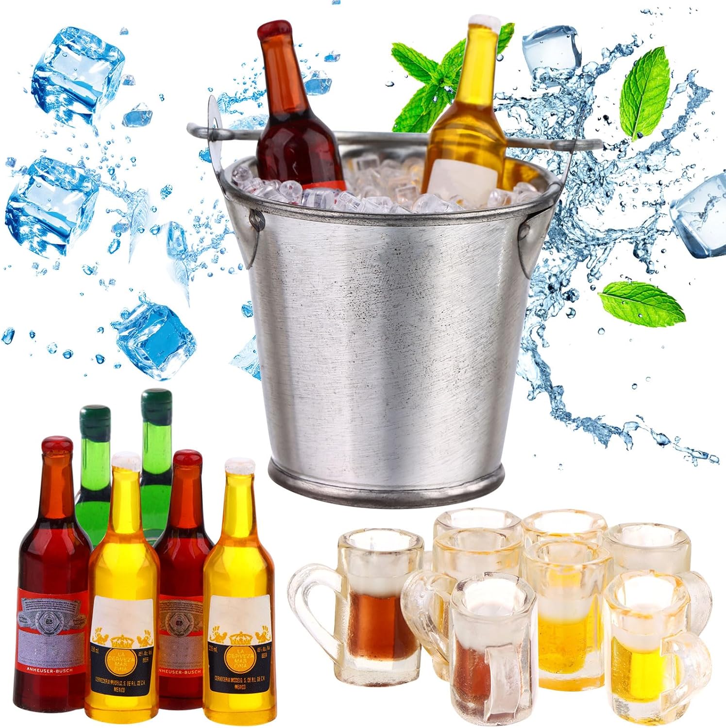 Juego de botellas de cerveza en miniatura de casa de muñecas 112 con cubo en miniatura, cubos de hielo falsos, mini tazas de cerveza para juego de