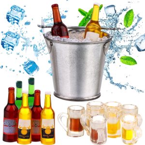 Juego de botellas de cerveza en miniatura de casa de muñecas 112 con cubo en miniatura, cubos de hielo falsos, mini tazas de cerveza para juego de Juego de botellas de cerveza en miniatura de casa de muñecas 112 con cubo en miniatura, cubos de hielo falsos, mini tazas de cerveza para juego de