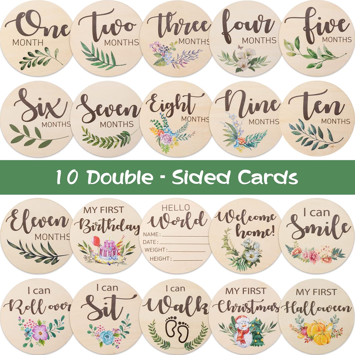 Letrero mensual de tarjetas de hito para bebé, 10 marcadores de doble cara, discos de círculos de madera, accesorios de fotografía para recién