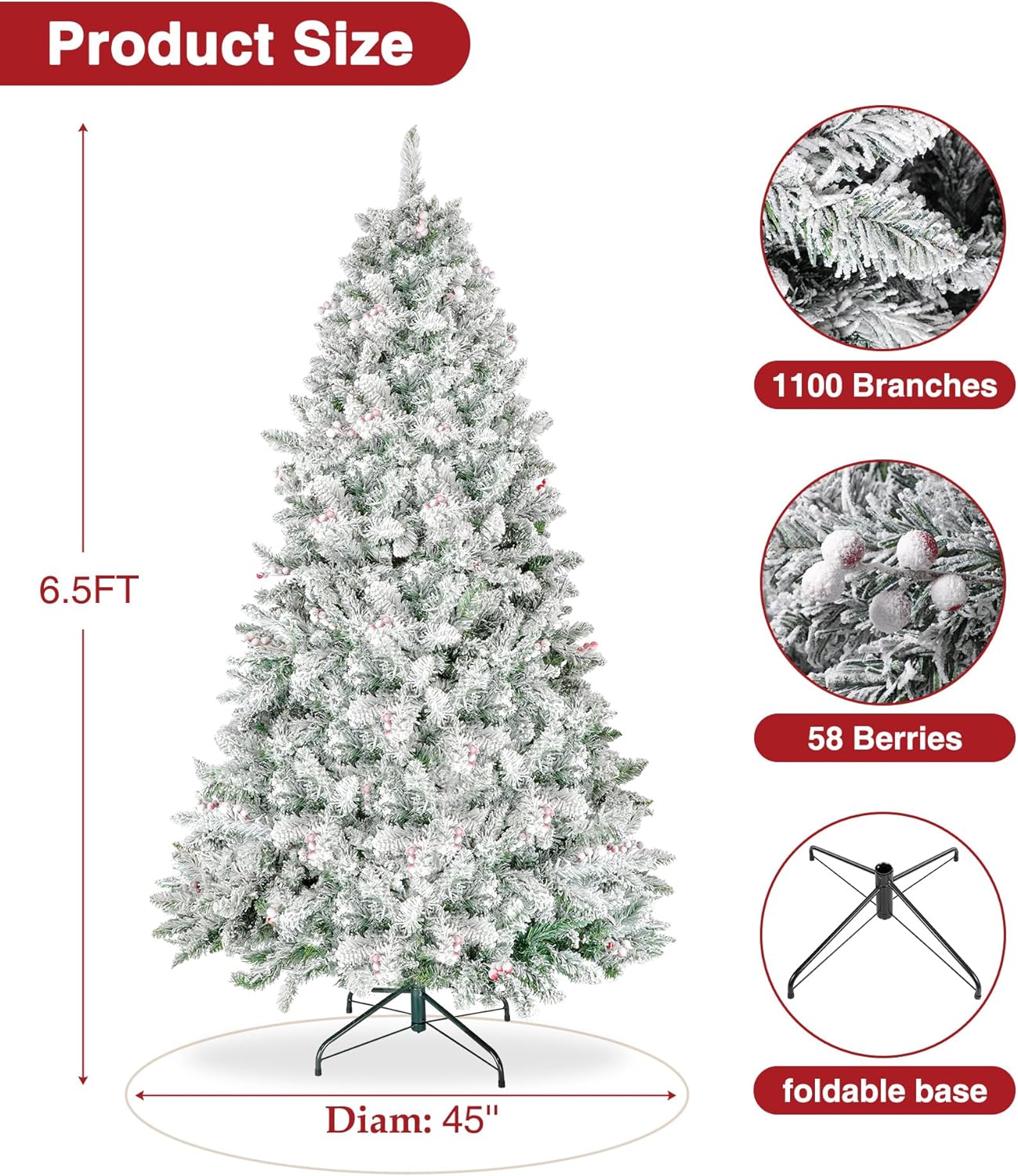 BROVIEW Árbol de Navidad flocado de 6.5 pies, árboles de Navidad artificiales predecorados con 1100 puntas de rama, 58 bayas, soporte plegable de