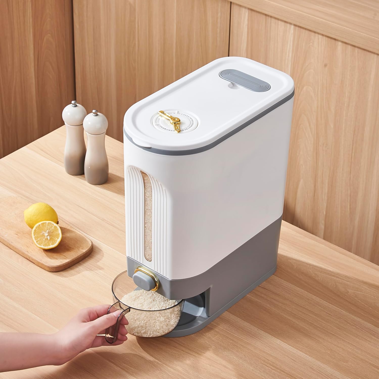 Sooyee Dispensador de arroz de 22 libras, contenedor de grano grande con tapa, cilindro de medición a prueba de humedad, cubo dispensador de
