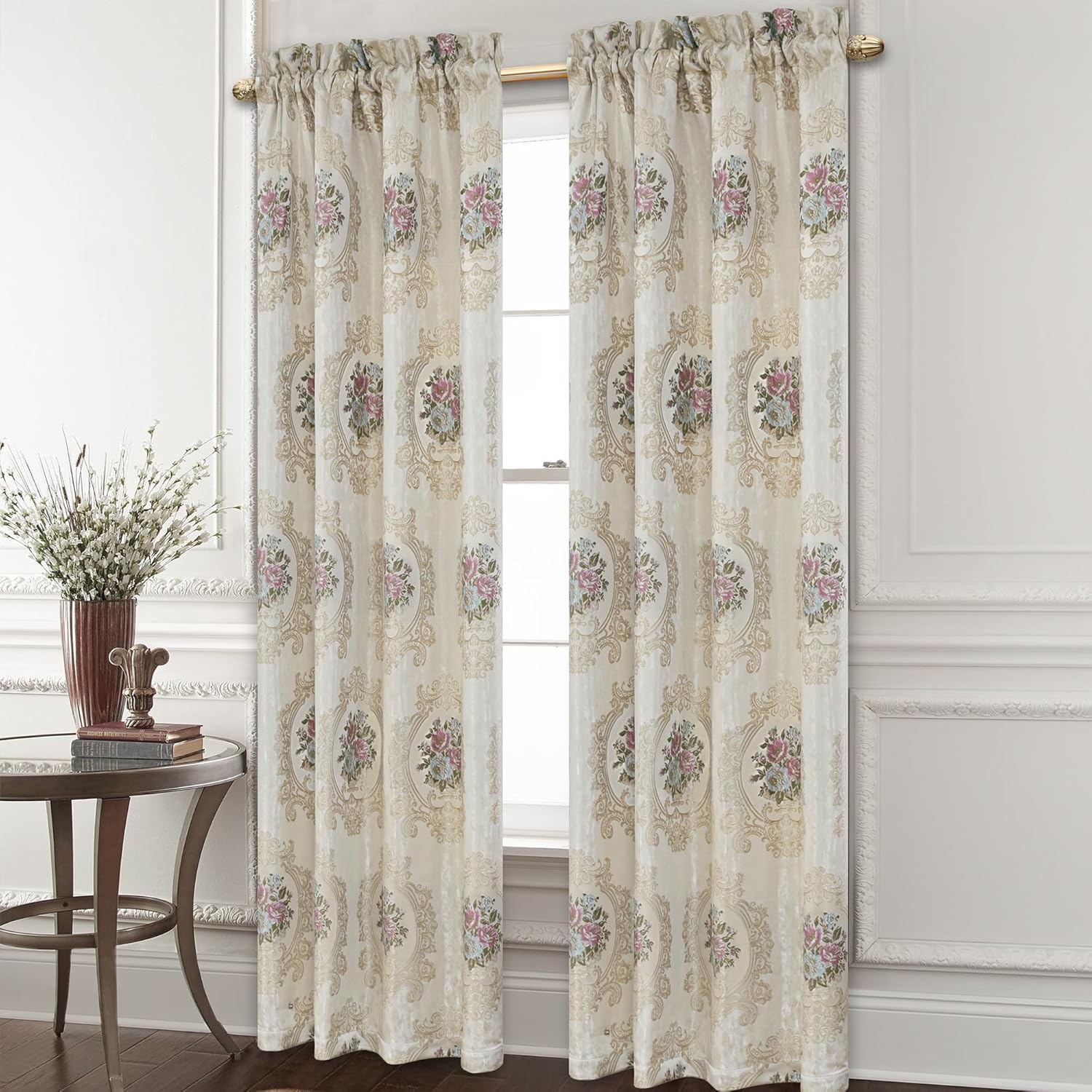 Loom and Mill Cortinas jacquard de lujo para dormitorio, sala de estar, cortinas de damasco floral beige nacarado, 2 paneles con alzapaños, elegante
