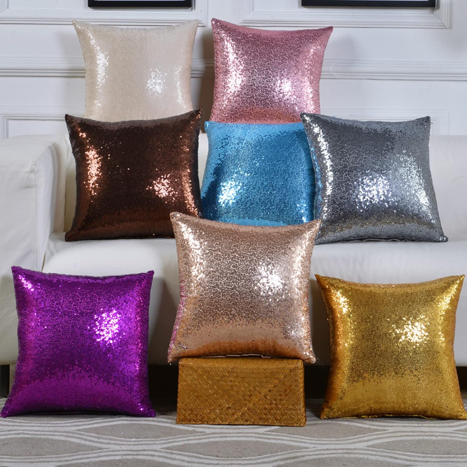 New Luxury Series – Funda de almohada decorativa de satén con lentejuelas brillantes, color beige, para interiores y exteriores, para sofá, sala de