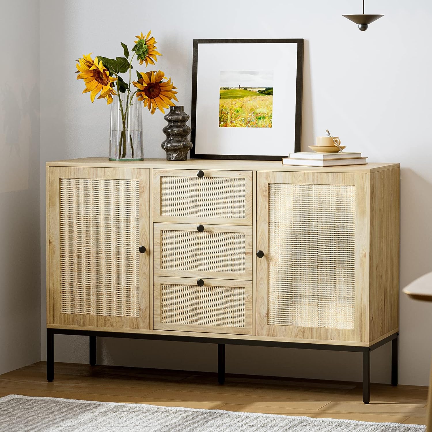 Aparador de ratán con almacenamiento, armario con puertas y estantes, armario decorativo con cajones para sala de estar, cocina, comedor, entrada
