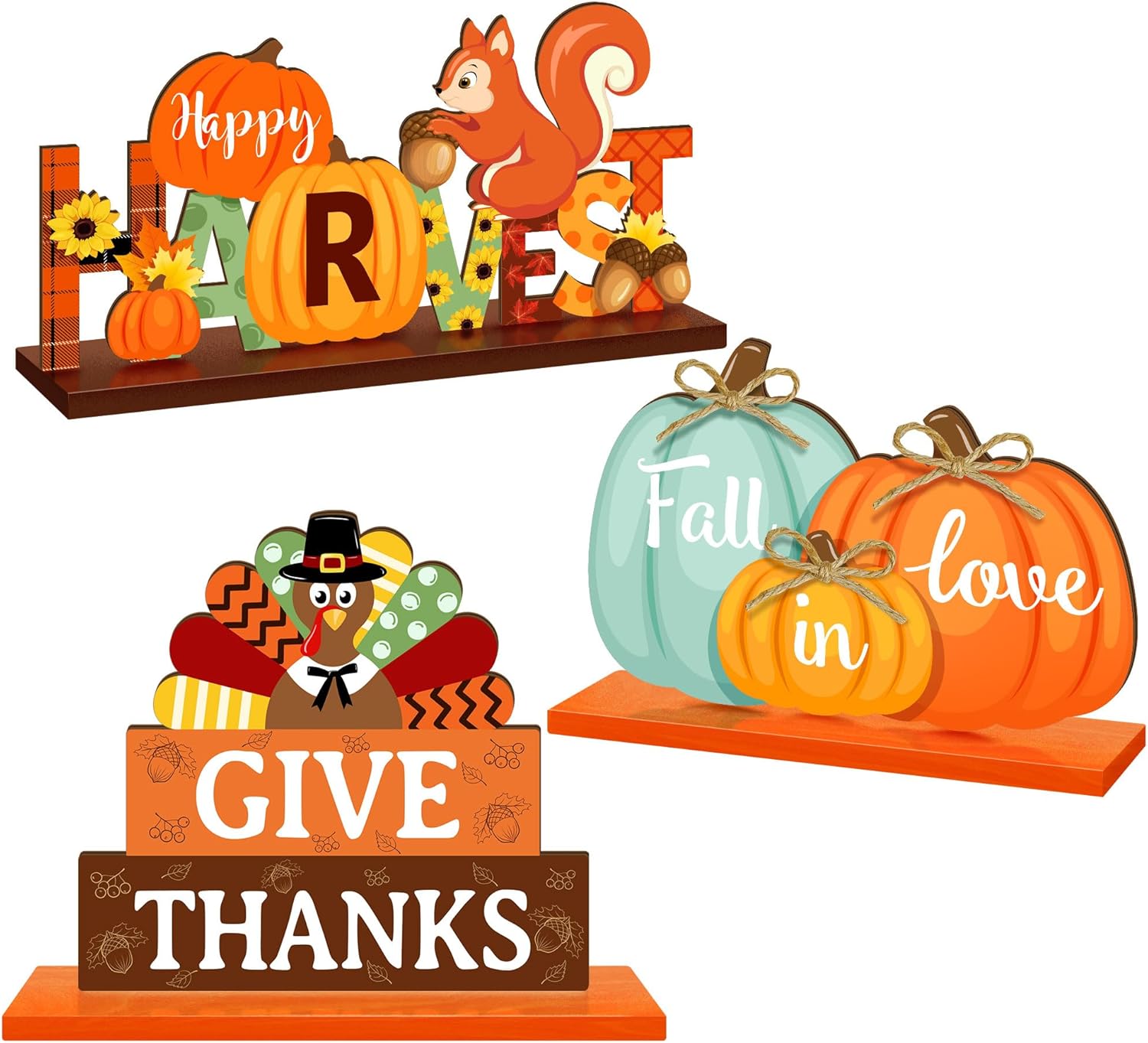 3 carteles de mesa de decoración de Acción de Gracias, letreros de mesa de otoño, centros de mesa, pavo, calabazas, letreros decorativos de madera,