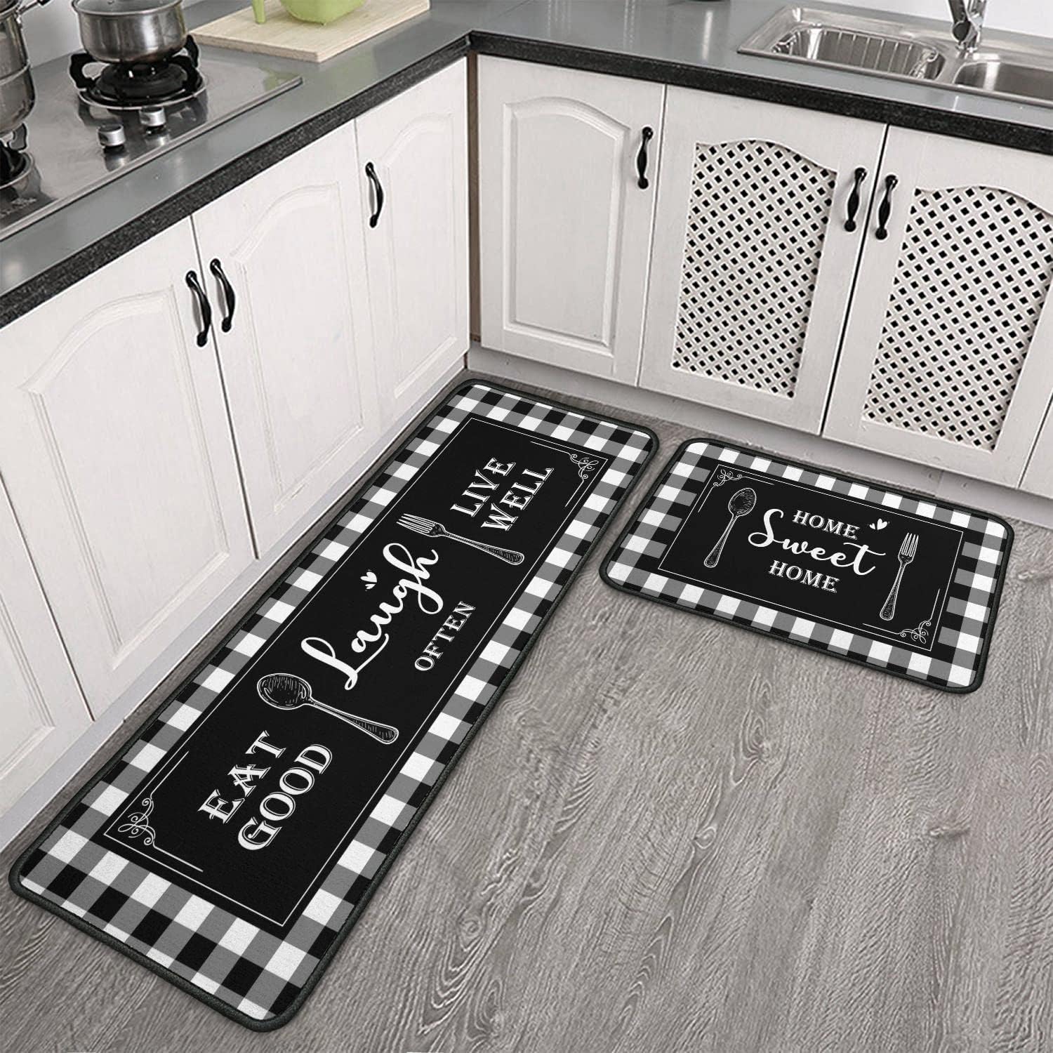 Juego de 2 alfombras de cocina a cuadros blancos y negros, antideslizantes, lavables, absorbentes, de microfibra, para el suelo, 17 x 47 + 17 x 30