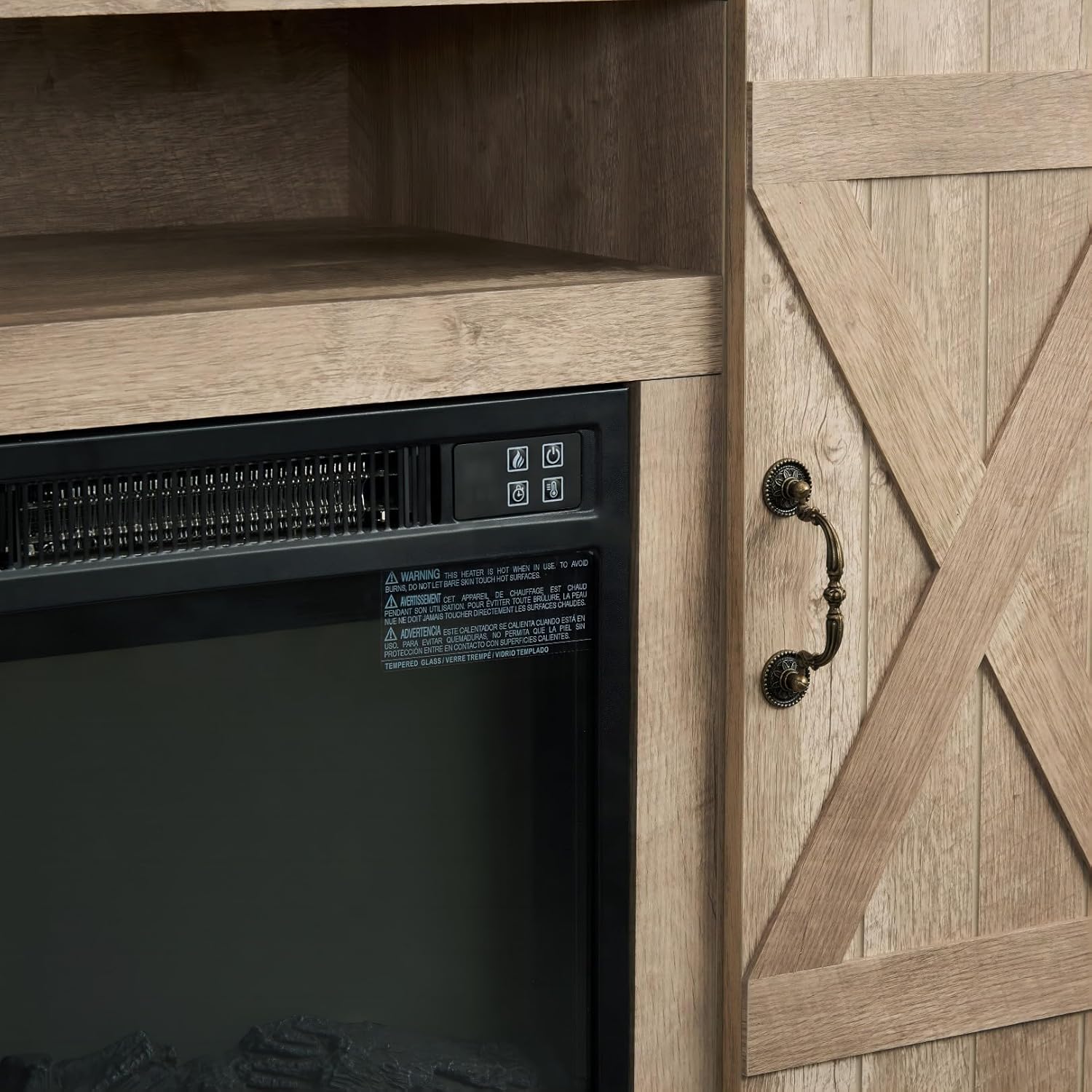 Chimenea eléctrica, soporte de TV de granja con chimenea, centro de entretenimiento de TV de 47 pulgadas con chimenea y puerta de granero para TV de