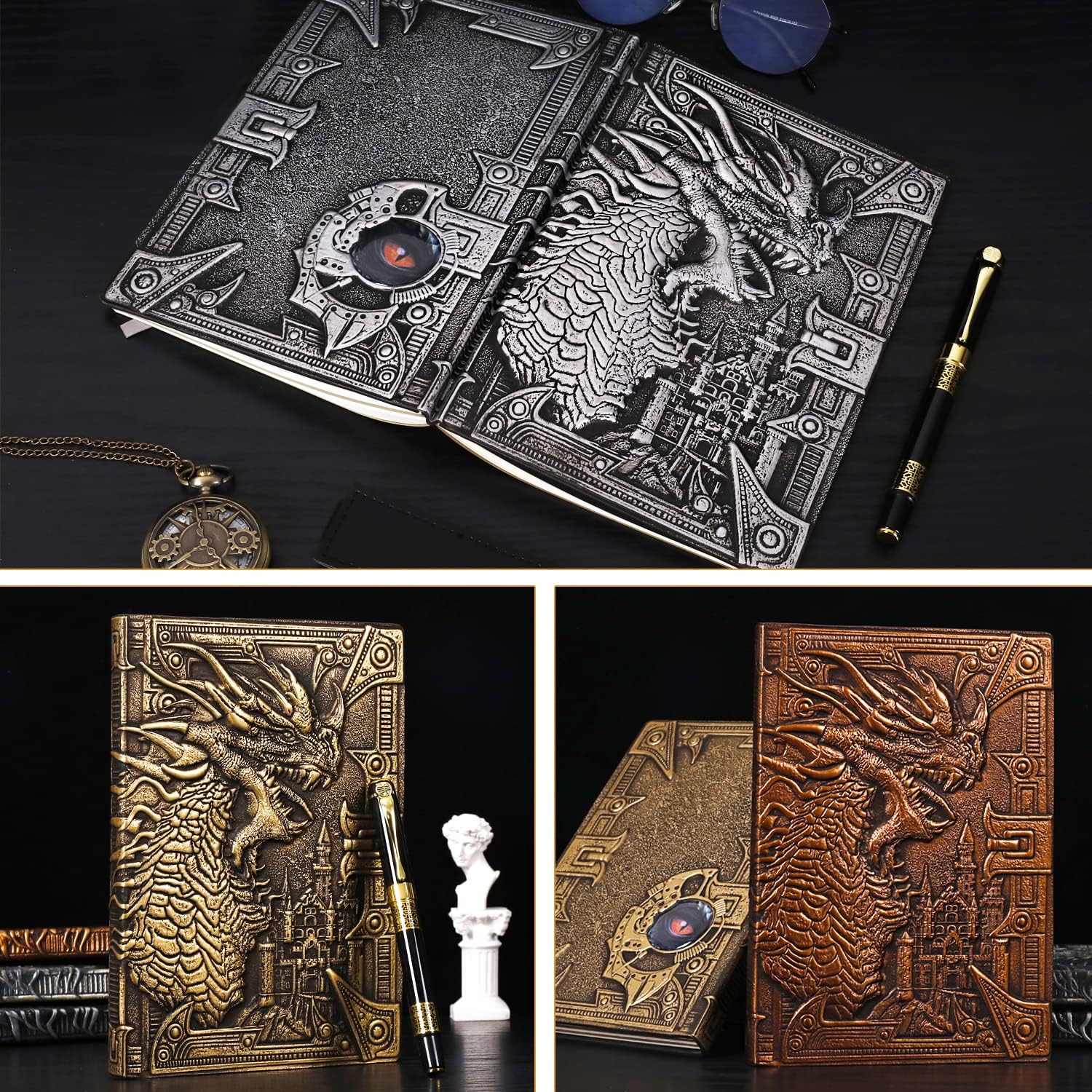 DND – Cuaderno de dragón de cuero en relieve 3D, diario de viaje vintage A5 con funda para bolígrafo y bolígrafo, diario diario diario hecho a mano