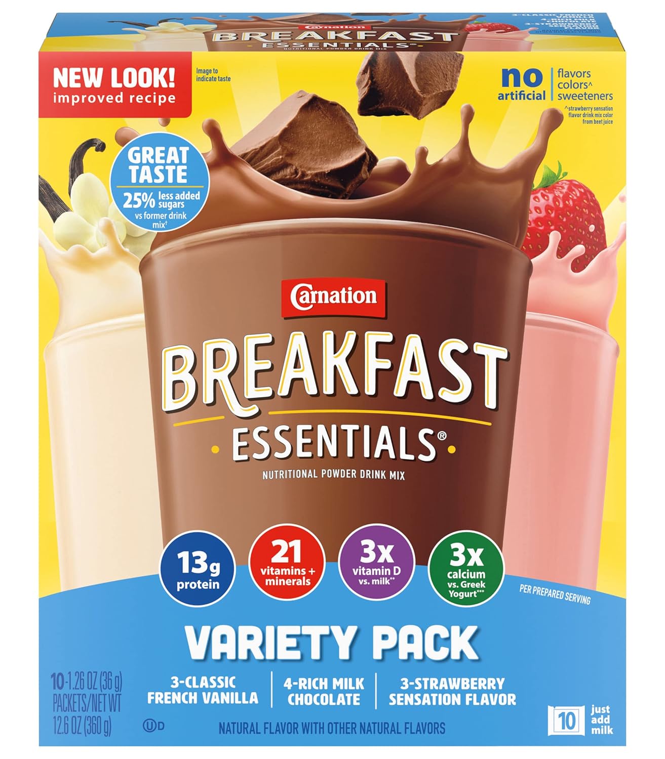 Carnation Instant Breakfast Essentials, paquete variado, 10 unidades, unidades de 1.26 onzas (paquete de 3)