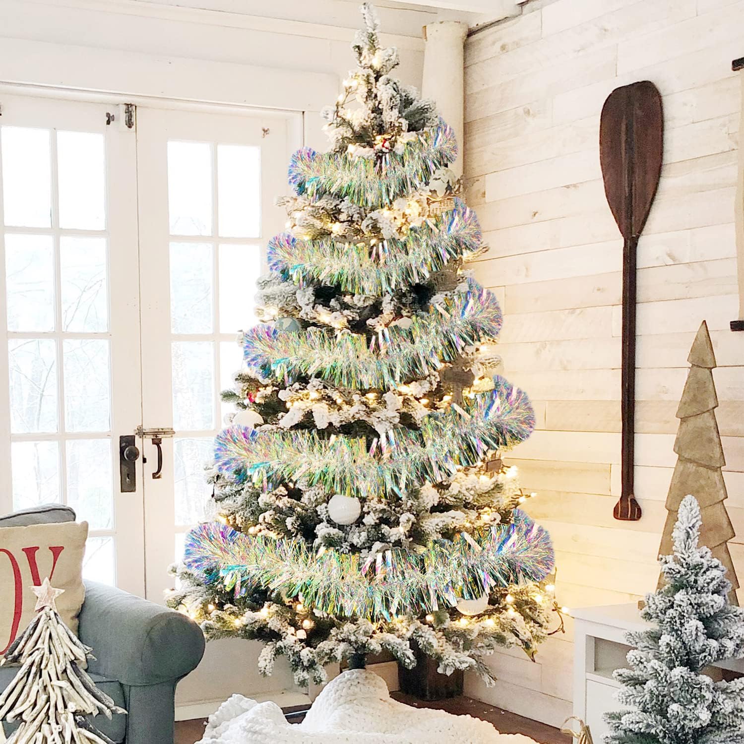 DearHouse Guirnalda de Navidad de oropel blanco de 40 pies, serpentinas metálicas, decoración de árbol de Navidad, suministros de fiesta de Navidad,