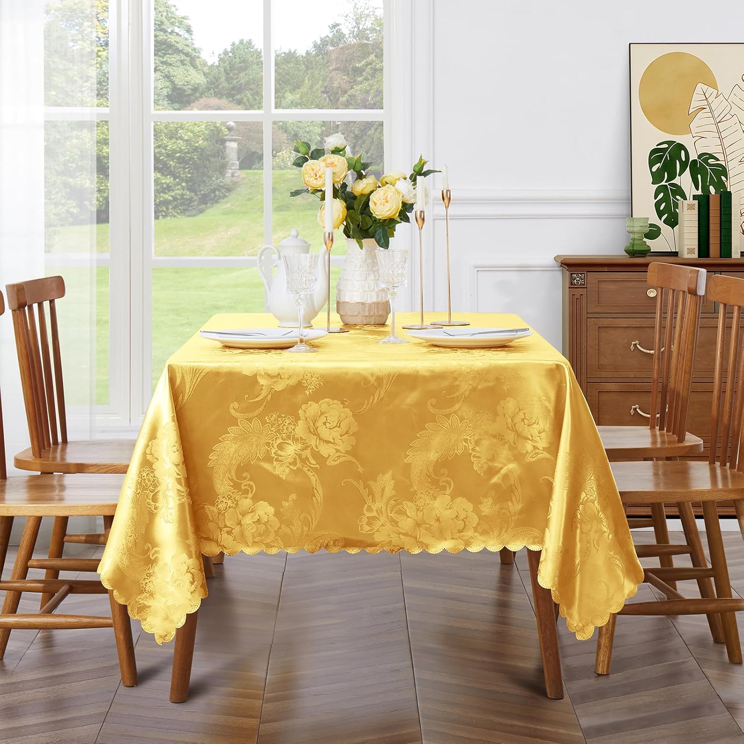 KKJIAF Paquete de 4 manteles jacquard de satén dorado de 60 x 102 pulgadas, mantel rectangular de damasco con patrón de peonía, mantel de satén de
