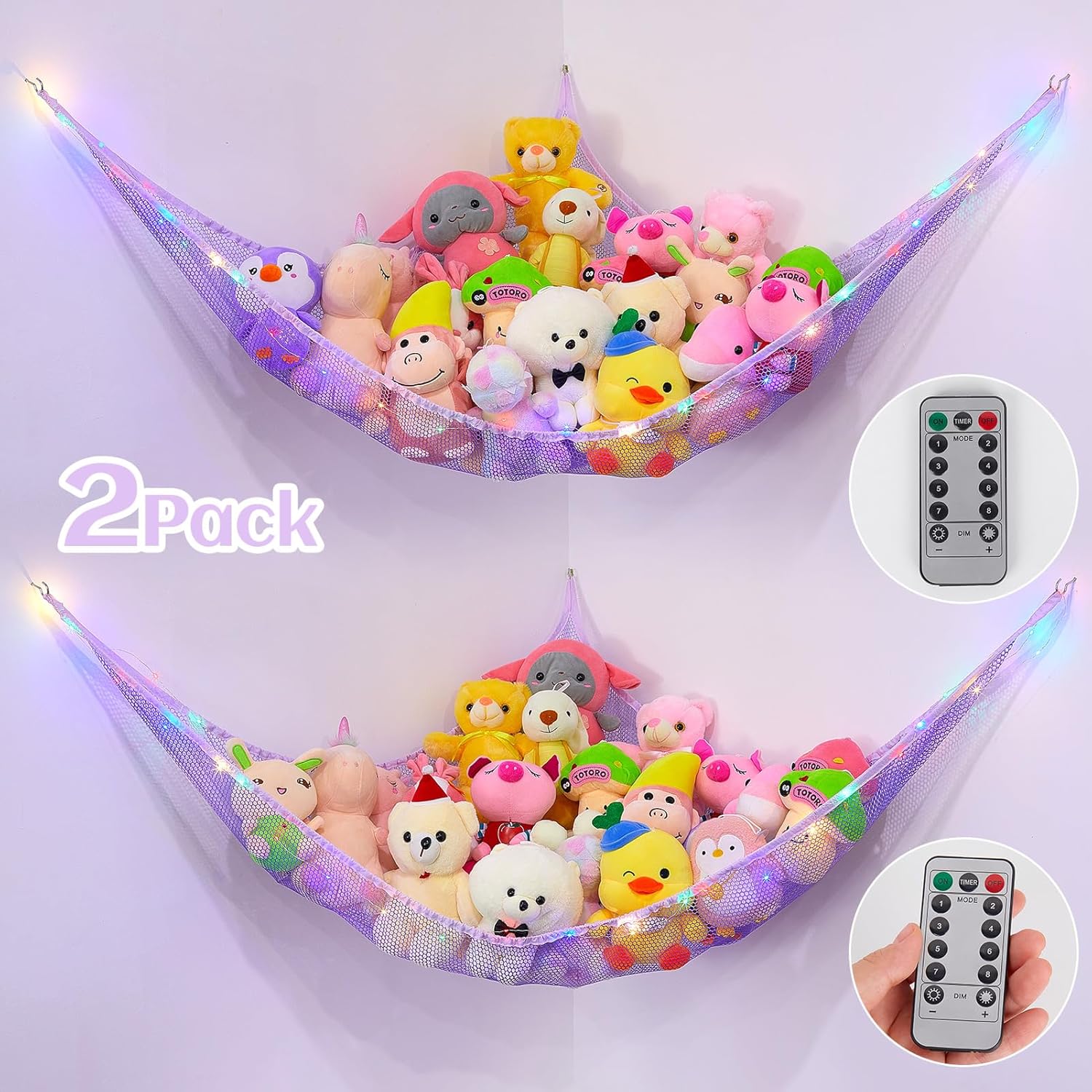 Basumee Red de animales de peluche o hamaca con luz LED, hamaca de red de juguetes para almacenamiento de animales de peluche, hamacas para