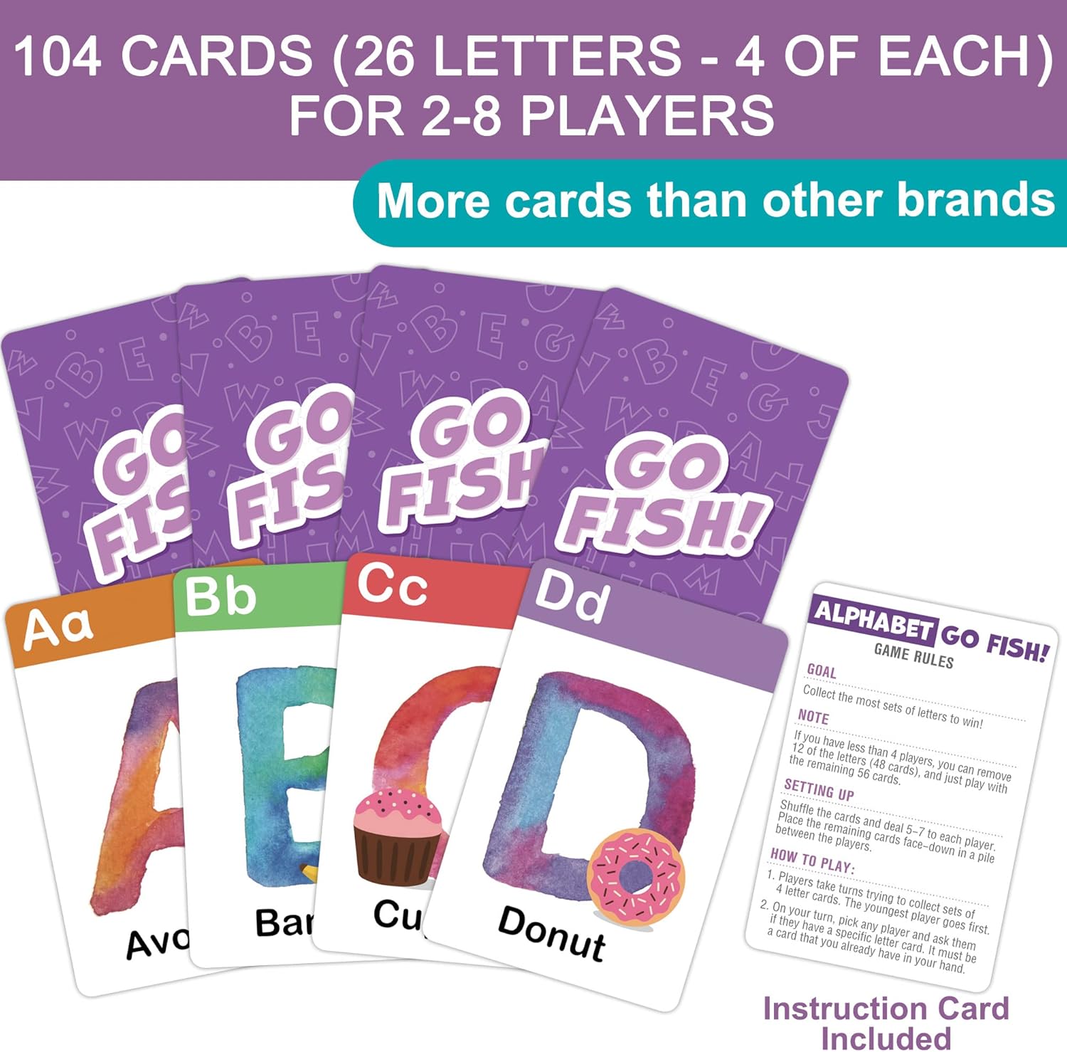 BenBen Juego de cartas Alphabet Go Fish para niños, 104 cartas, cartas de aprendizaje ABC de gran tamaño, juegos de memoria a juego, 2 a 8