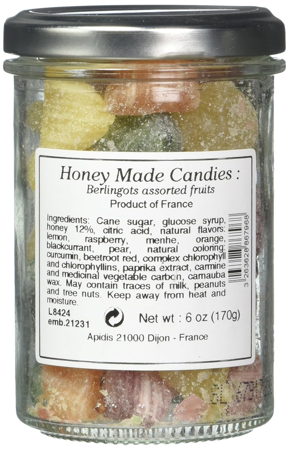 Abeille Diligente – Berlingot French Honey Candies, varios sabores de frutas (frambuesa, menta, naranja, grosella negra, pera), tarro de 6.00 oz