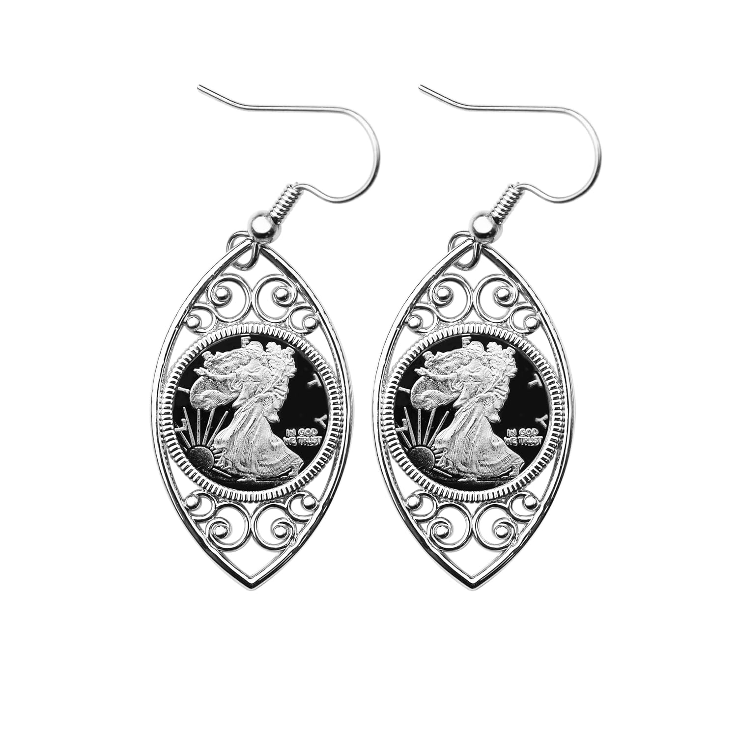 Walking Liberty 1 Gram .999 Fine Silver Coin 925 Sterling Silver Evil Eye Design Earrings