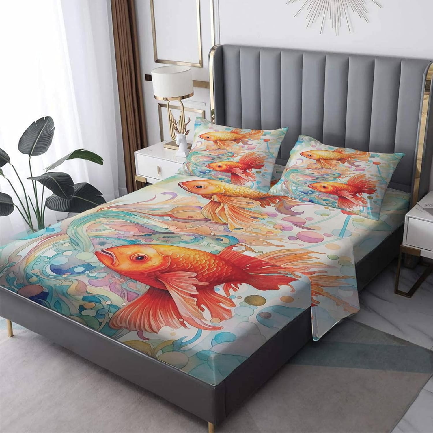 Koi Fish Sábanas tamaño King, sábanas de estilo japonés, sábanas y fundas de almohada estampadas de 4 piezas, sábana bajera ajustable de microfibra