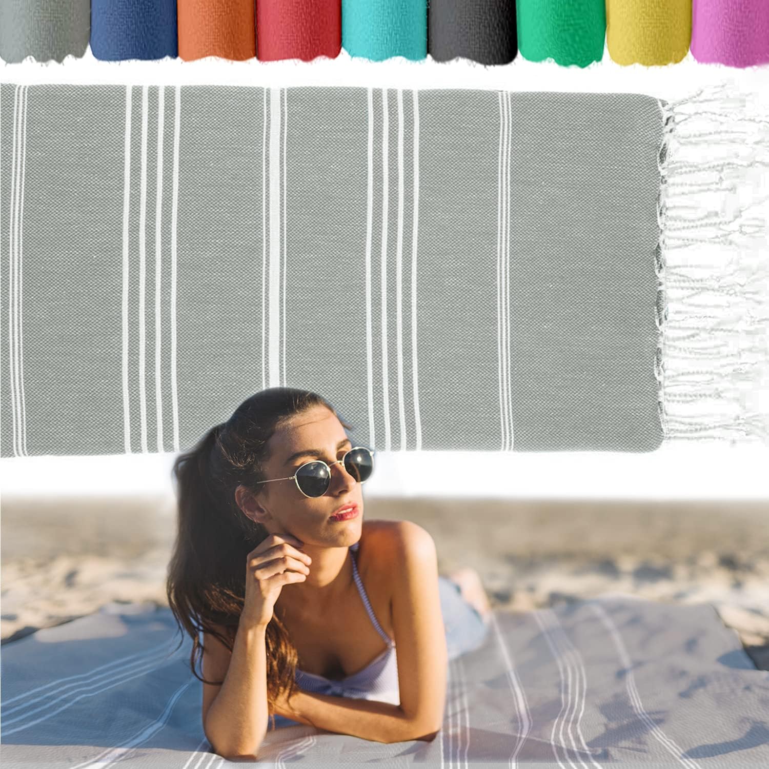 Viventive – Toalla de playa turca de 37 x 70pulgadas, hecha de 100% algodón, ultrasuave y absorbente, de secado rápido, para playa, baño, yoga,