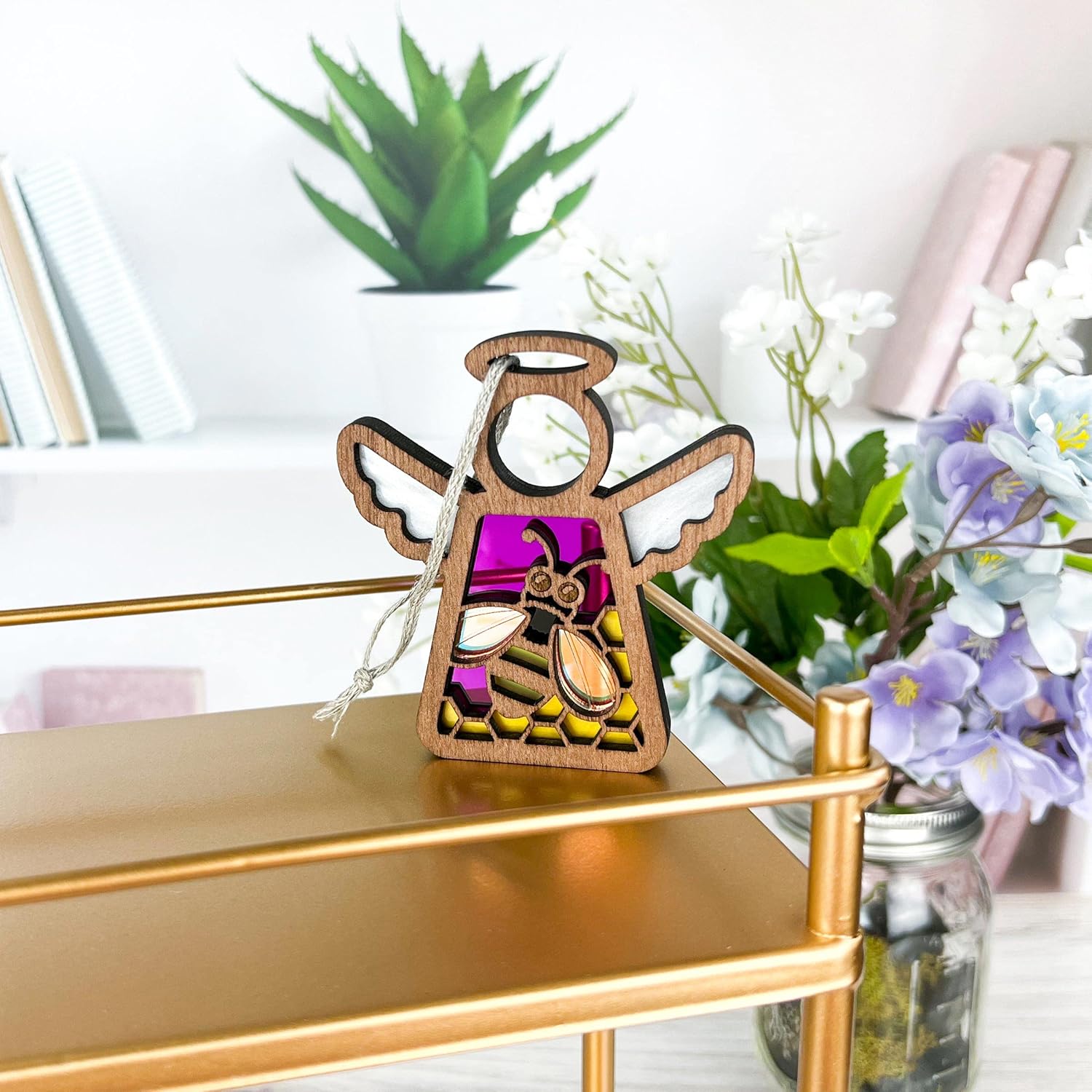 Honey Bee Ornament with Honeycomb Motif Design – Magenta Pink Angel Figurines – Ideal Bee Decor or Bee Kitchen Decor for Mom, Best Friend, Coworker,