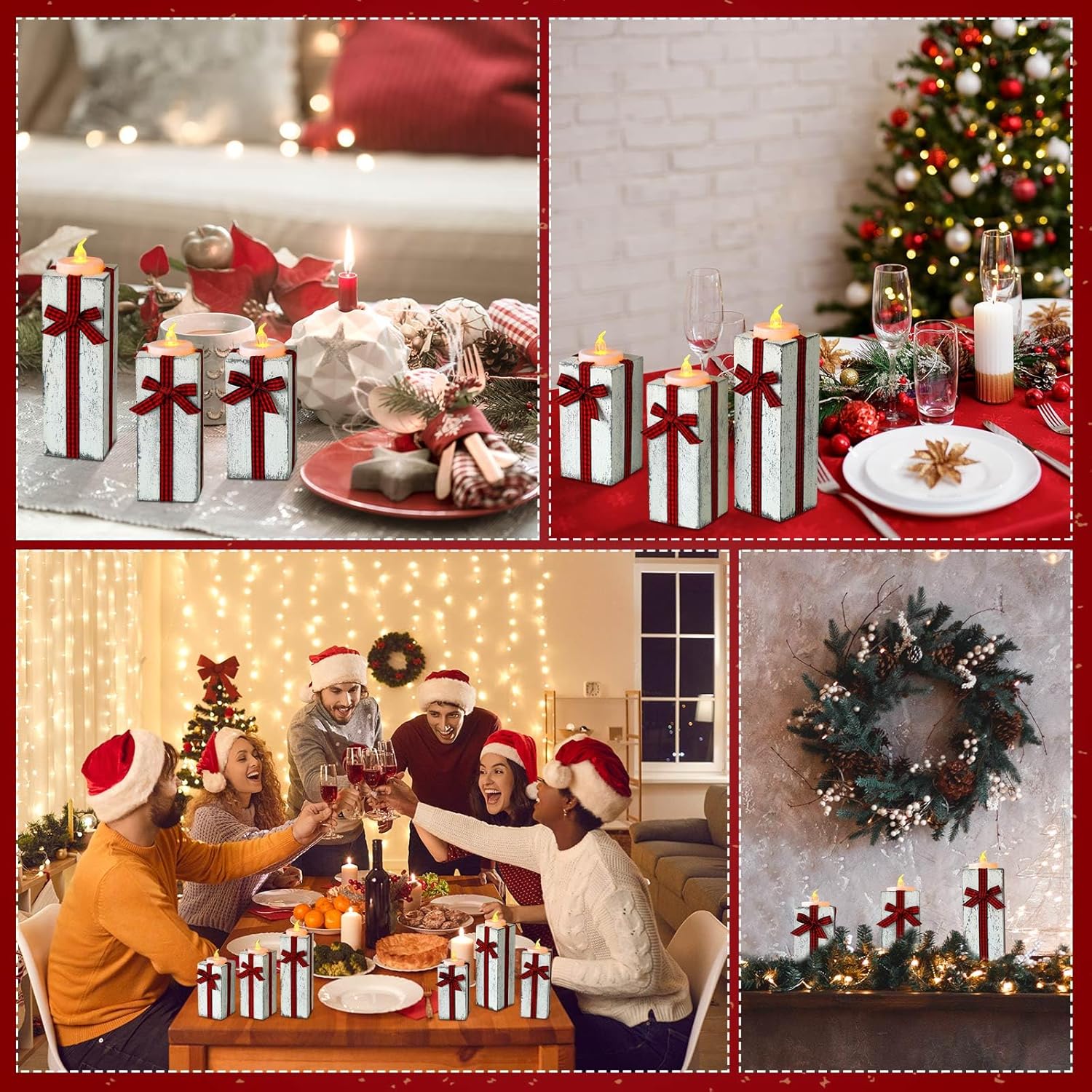 Zhehao 3 portavelas de té de Navidad, portavelas votivas de madera navideña, candelabro rústico de madera de Navidad con lazo a cuadros para
