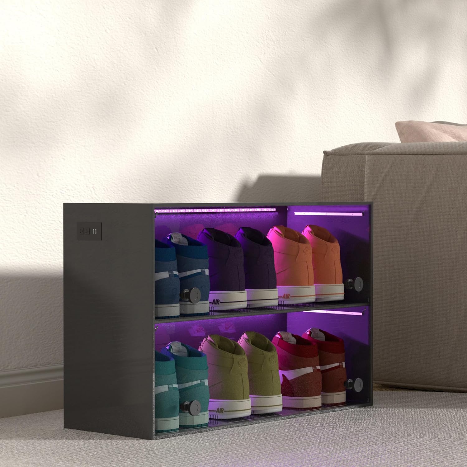 Almacenamiento de zapatos con luces LED para hasta 6 pares de zapatos, color negro, elegante zapatero con puerta de vidrio acrílico, cajas de